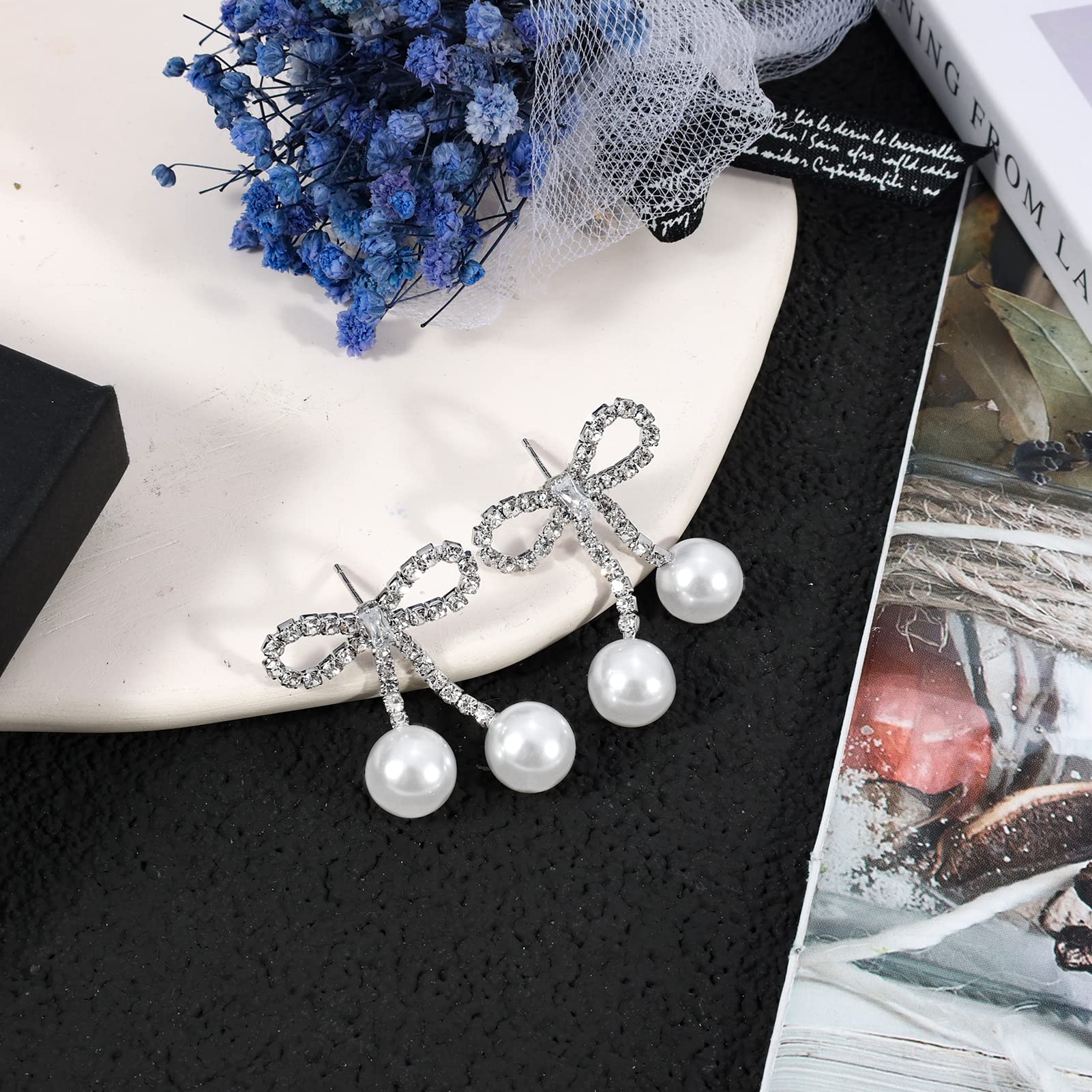 PLwelth Pearl Drop Bow Earrings for Women - Elegant Rhinestone Dangle Tassel Earrings | Perfect Gift for Her, Birthday, Christmas & Special Occasions | Great for Parties, Weddings & Evening Events