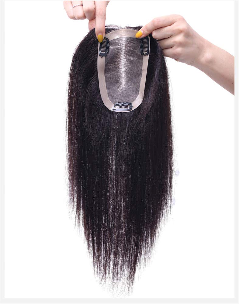 Natural Black Real Human Hair Topper for Women - Long Straight Clip-In Hairpiece with Silk Base (10x12 20cm) - Perfect for Thin Hair & Daily Styling