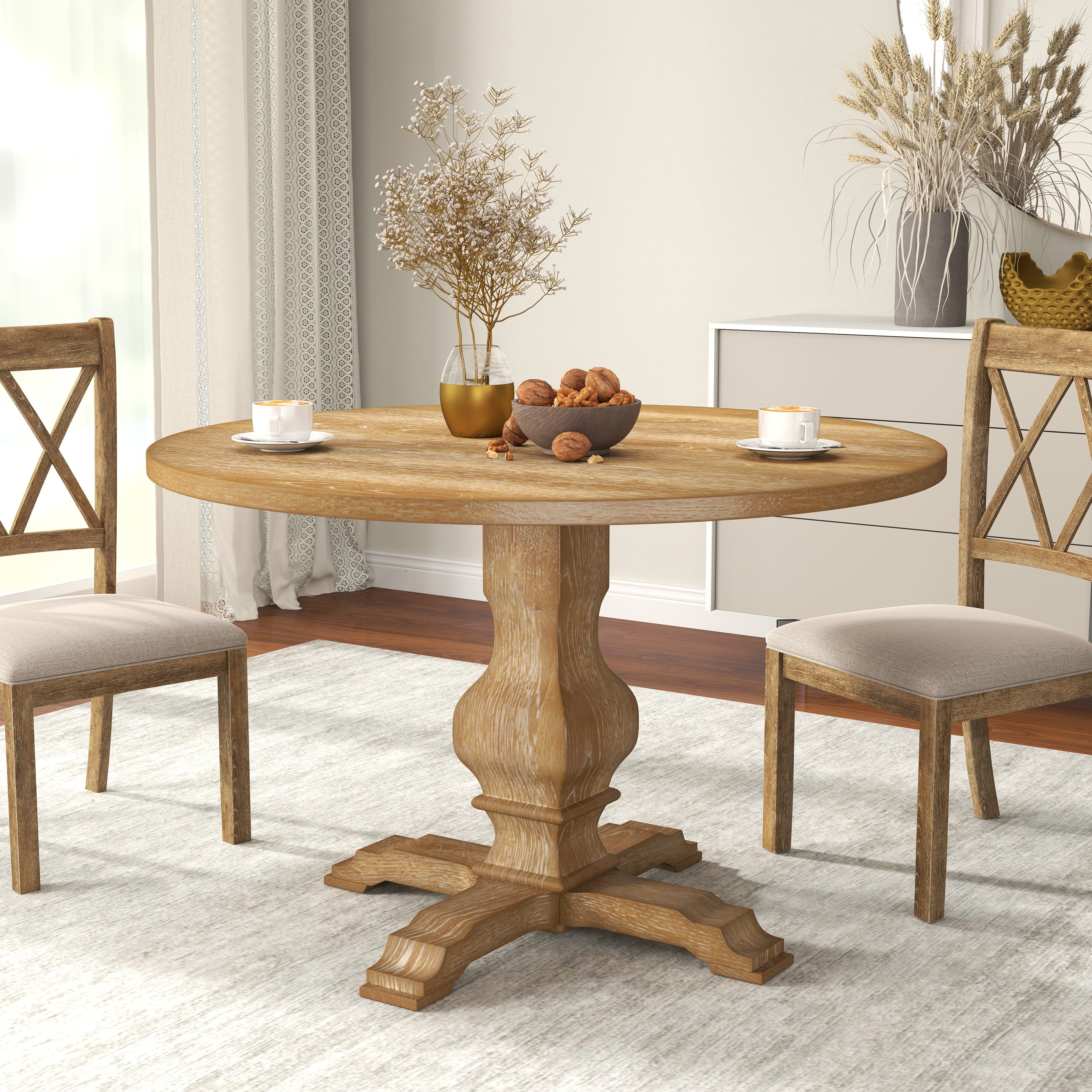 Roundhill Furniture Havre Solid Wood Pedestal Round Dining Table - 42 Inch Farmhouse Style for Kitchen, Dining Room & Small Spaces