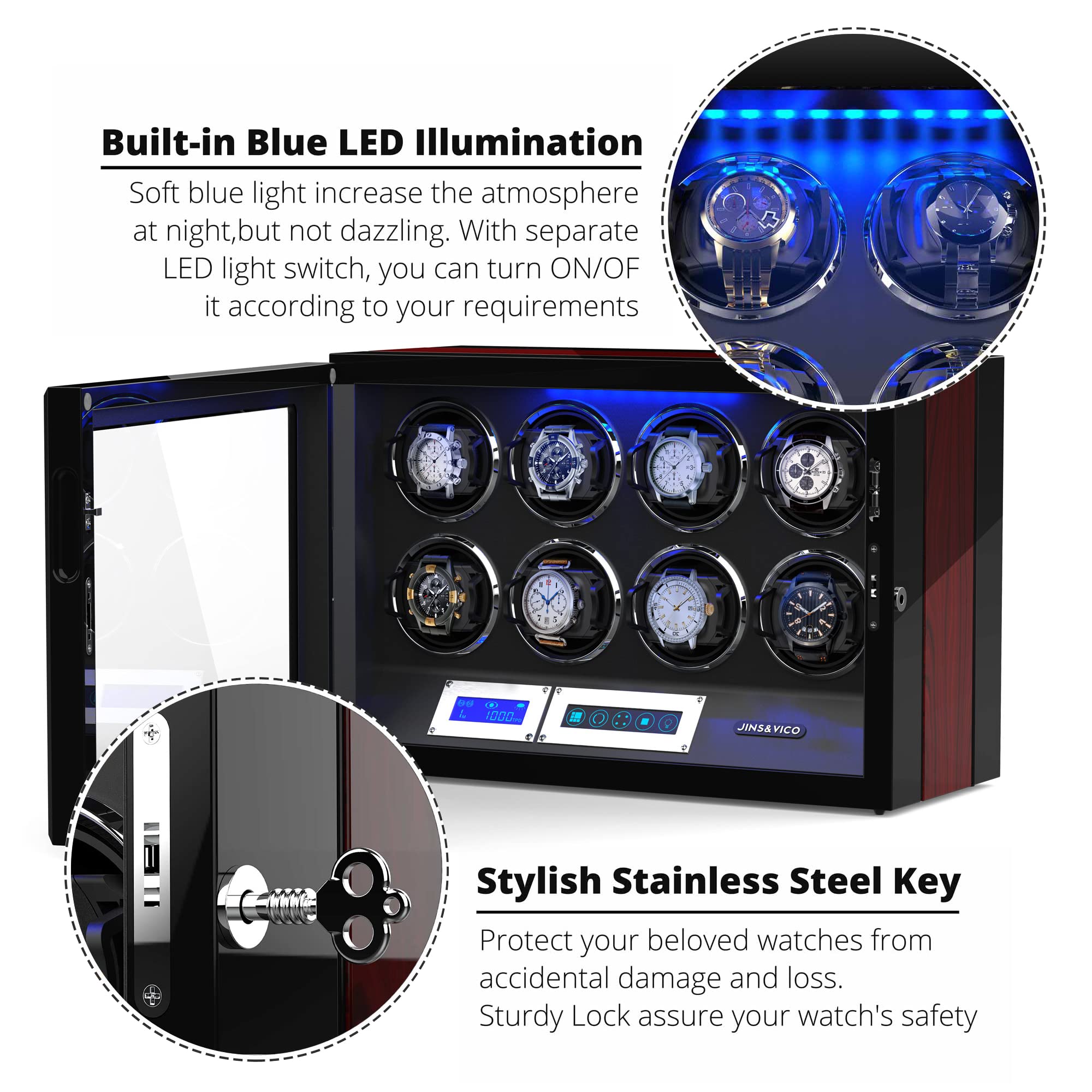 Premium Watch Winder for Automatic Watches - 8 Adjustable Watch Pillows with Built-in LED Lighting | Perfect for Watch Collections, Display Cases & Nightstand Storage