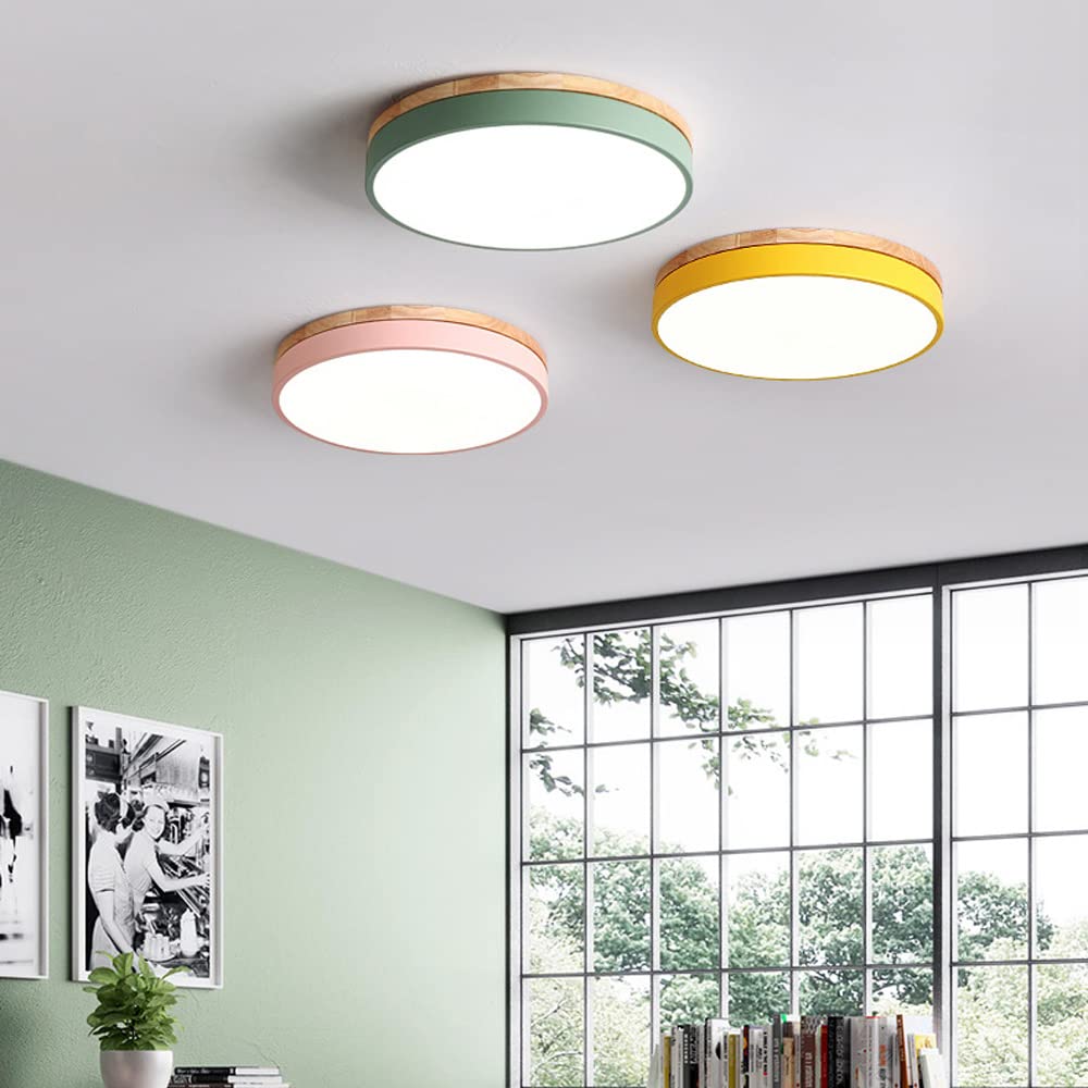 Ultra Thin Round Flush Mount LED Ceiling Light with Wooden Frame - 3 Color Temperature Dimmable with Remote Control - Perfect for Kitchen, Living Room, Bedroom & Hallway Lighting