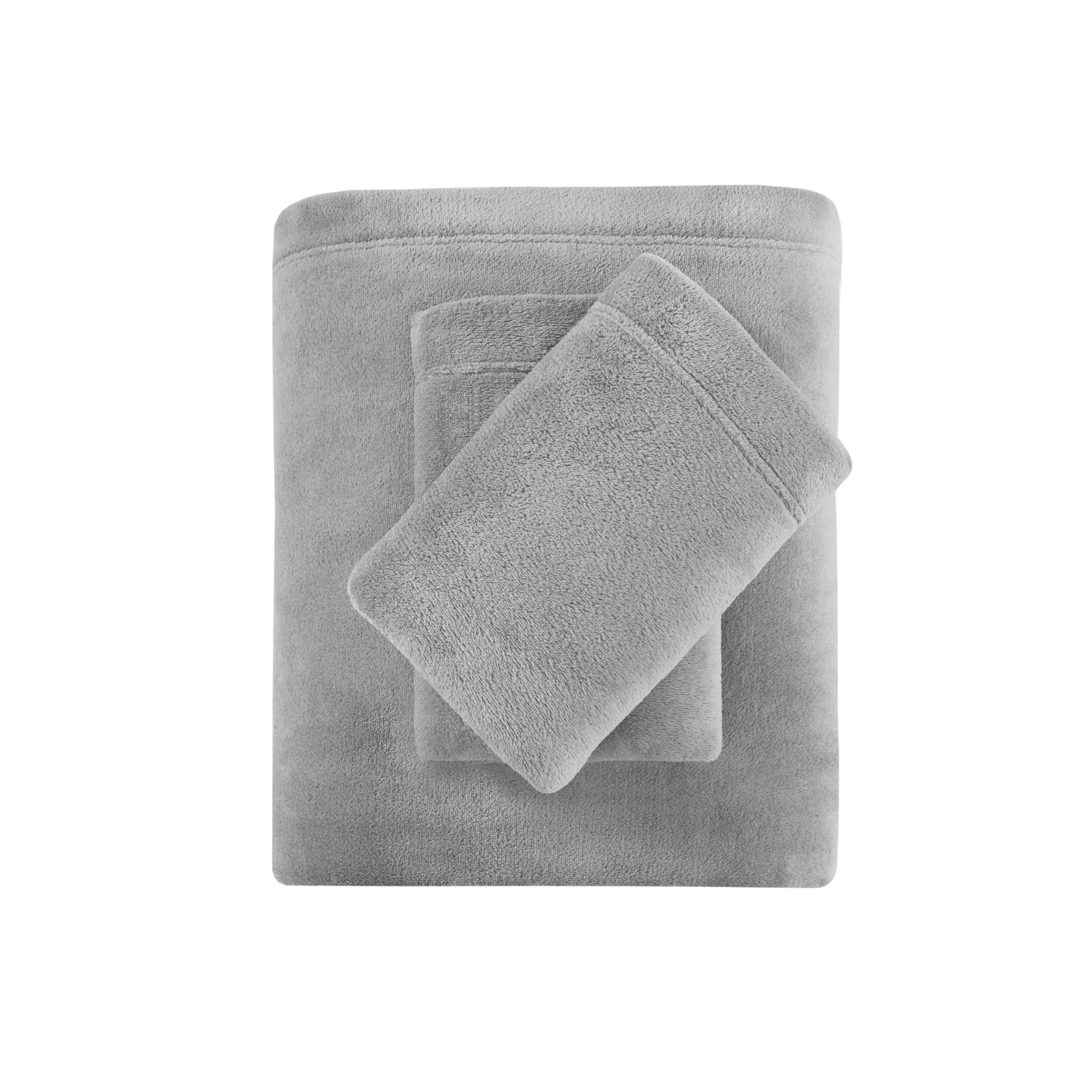 True North by Sleep Philosophy 4-Piece Plush Sheet Set - Queen Size, Solid Grey, Ultra Soft & Warm Bedding, Deep Pocket Fits 16