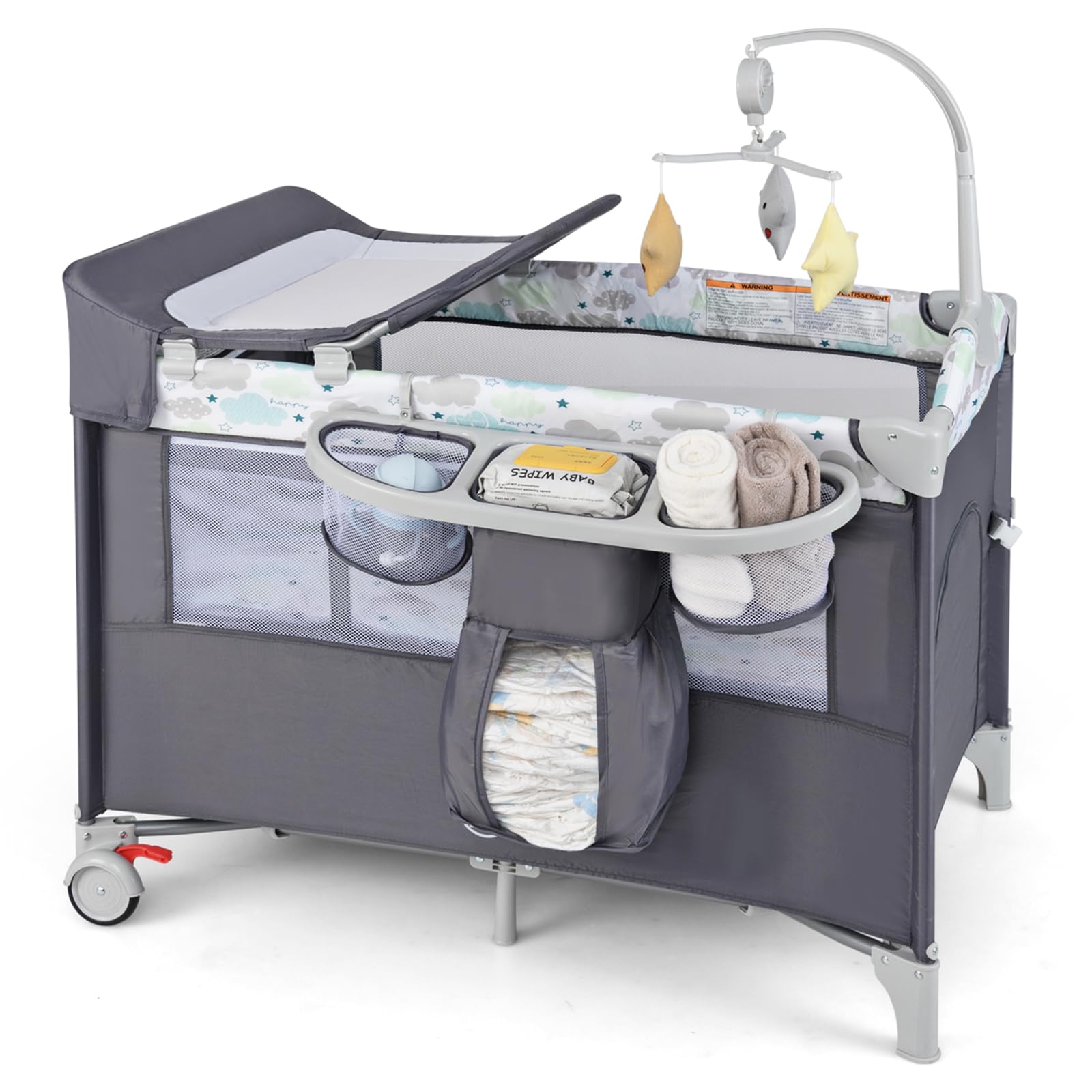 **HONEY JOY 5-in-1 Portable Baby Playard with Bassinet, Bedside Sleeper, Diaper Changing Table, Storage Bag & Toy Arch – Detachable Side Rail, Music Box & Carry Bag (Gray) – Perfect for Nursery, Travel & On-the-Go Parenting**