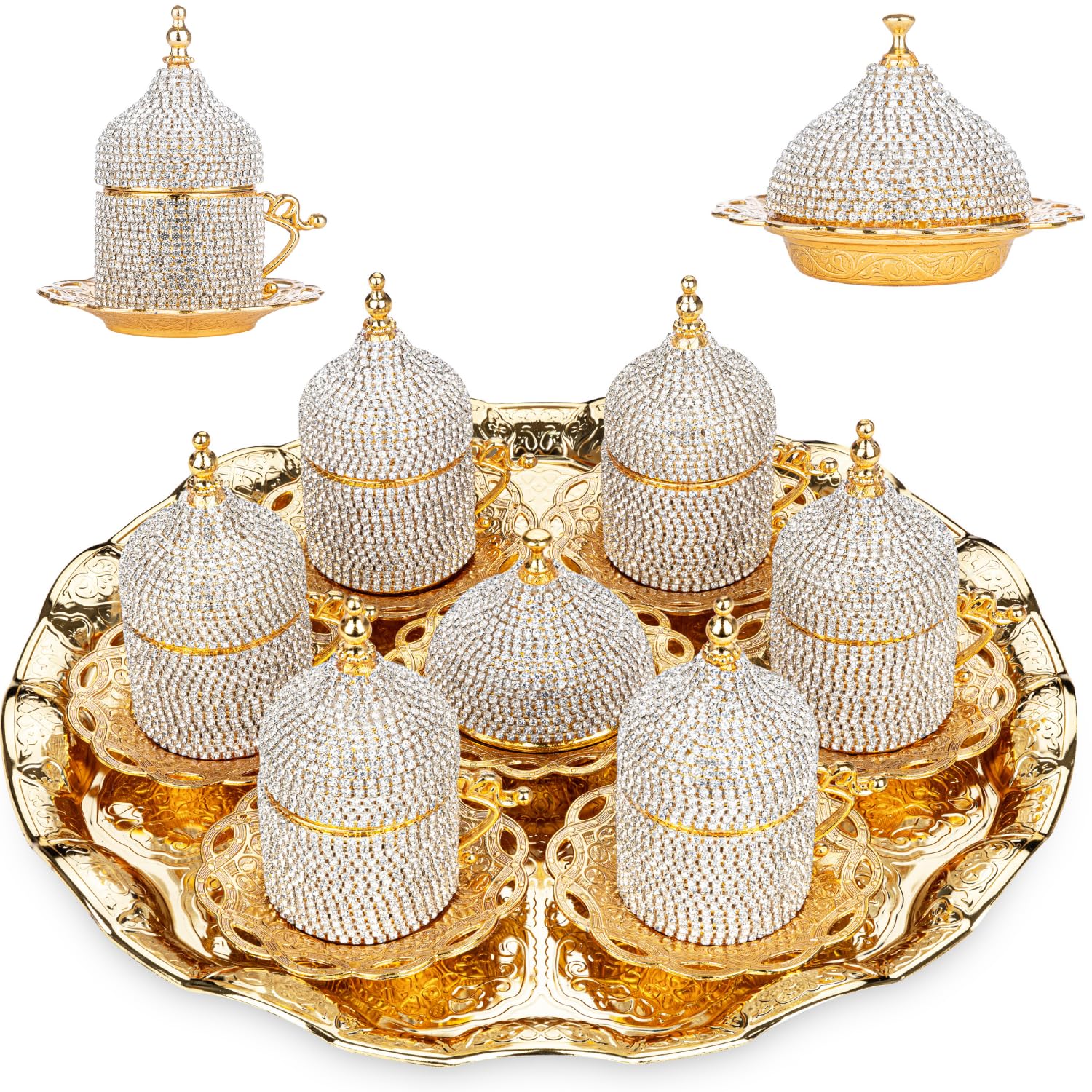 27-Piece Turkish Coffee Set with Crystal Embellishments – Gold Zamac Espresso Cups, Saucers & Sugar Bowl with Decorative Tray – Elegant Home Decor for Entertaining Guests, Afternoon Tea, or Gift Giving