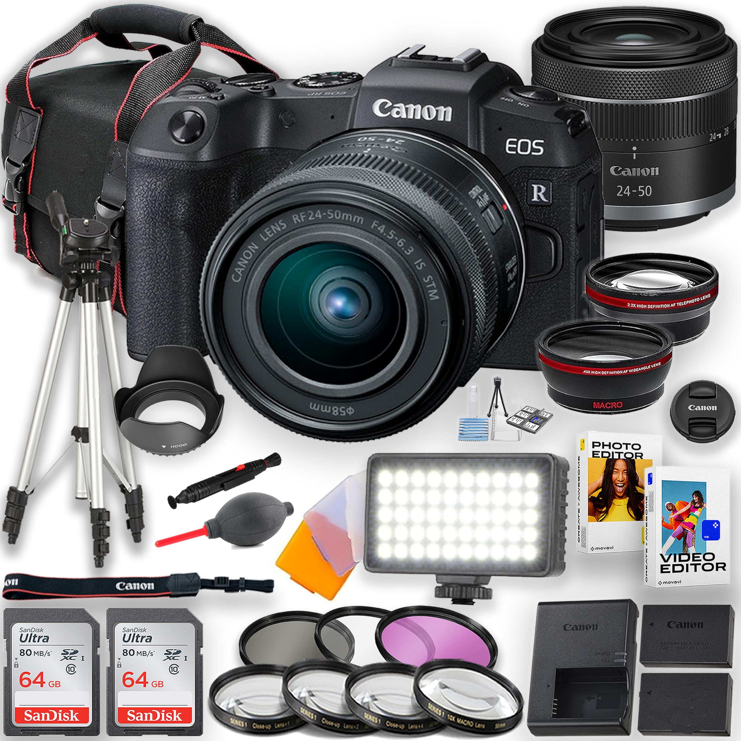 Canon EOS RP Full Frame Mirrorless Camera with RF 24-50mm f/4.5-6.3 IS STM Lens Kit - Includes LED Video Light, 2x 64GB SD Cards, Camera Bag, Filters & Spare Battery | Perfect for Travel Photography, Vlogging & Professional Shooting
