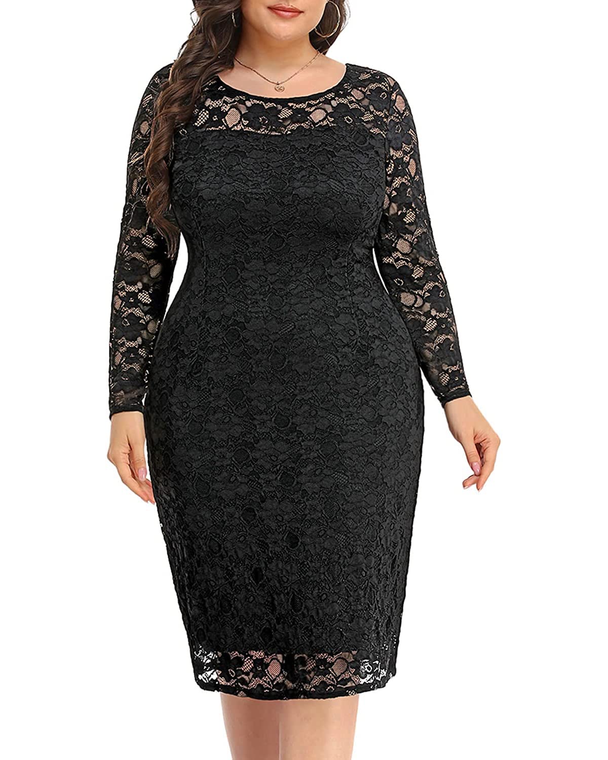 Plus Size Pinup Dresses for Women - Elegant Long Sleeve Bodycon Cocktail Dress for Wedding Guest, Formal Party & Special Occasions | Sexy Vintage Style Evening Gown