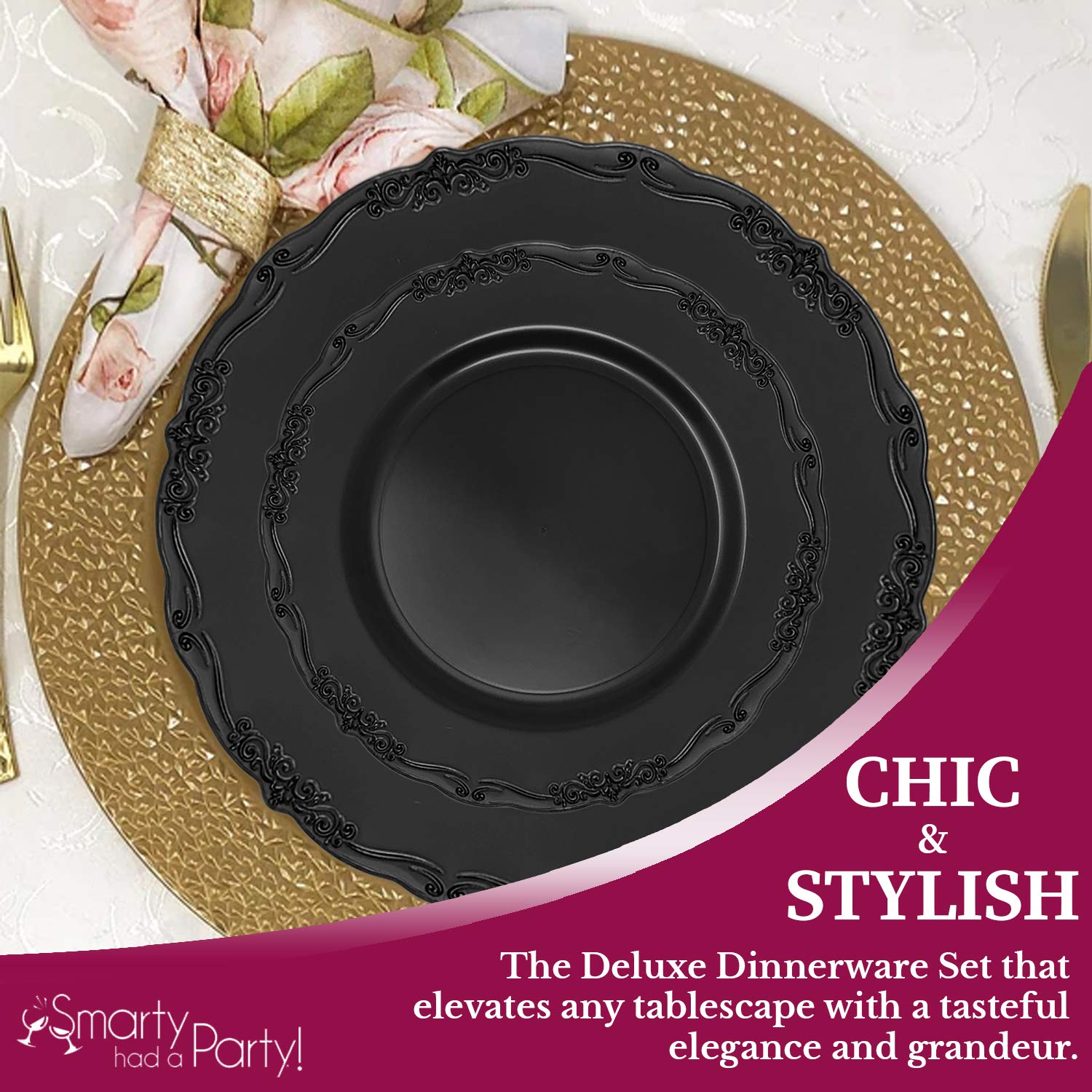 Elegant Disposable Plastic Plates for Party - 60-Piece Wedding Dinnerware Set (Black) | Perfect for Weddings, Birthdays, Catering & Outdoor Events