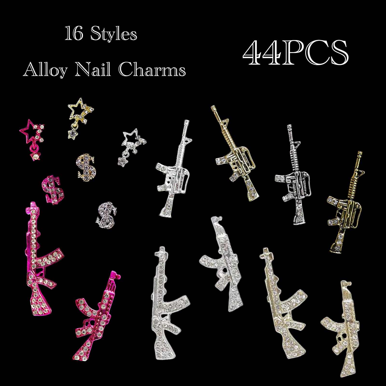 44PCS Gun Nail Charms - Gold & Silver Alloy Nail Art Rhinestones with Dollar Sign & Star Designs - Acrylic Nail Decorations for DIY Nail Art - Perfect for Salon, Party, and Special Occasion Nail Designs