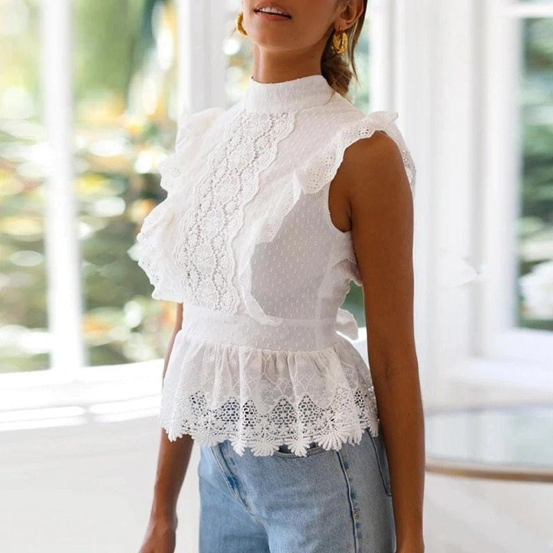 Elegant Backless Lace Embroidered Ruffled Hollow Out White Summer Top for Women - Perfect for Beach Vacations, Date Nights & Summer Parties