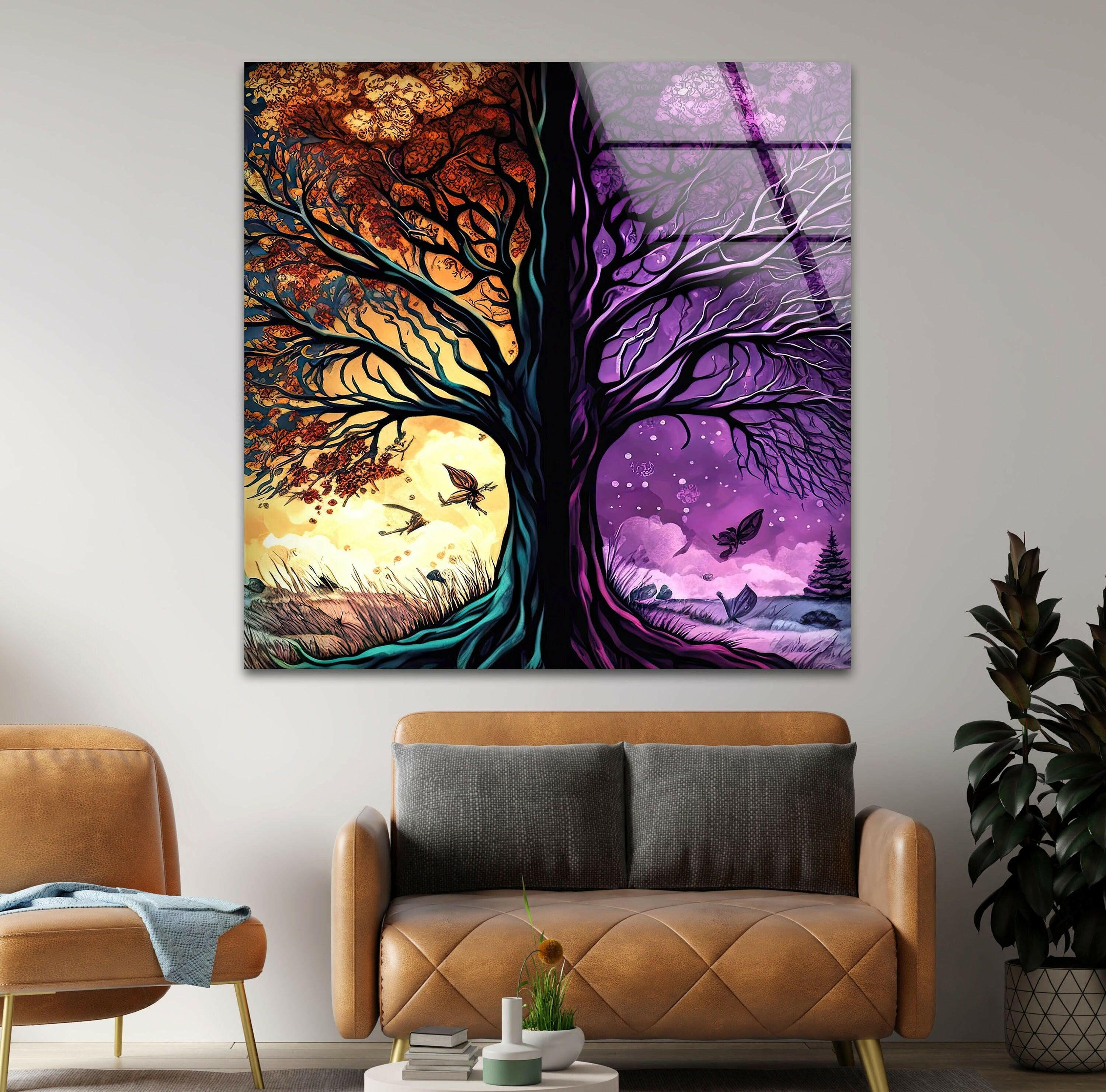 Vibrant Tree Art Glass Wall Decor - Handmade Stained Glass Panel for Living Room, Bedroom, or Office Decoration