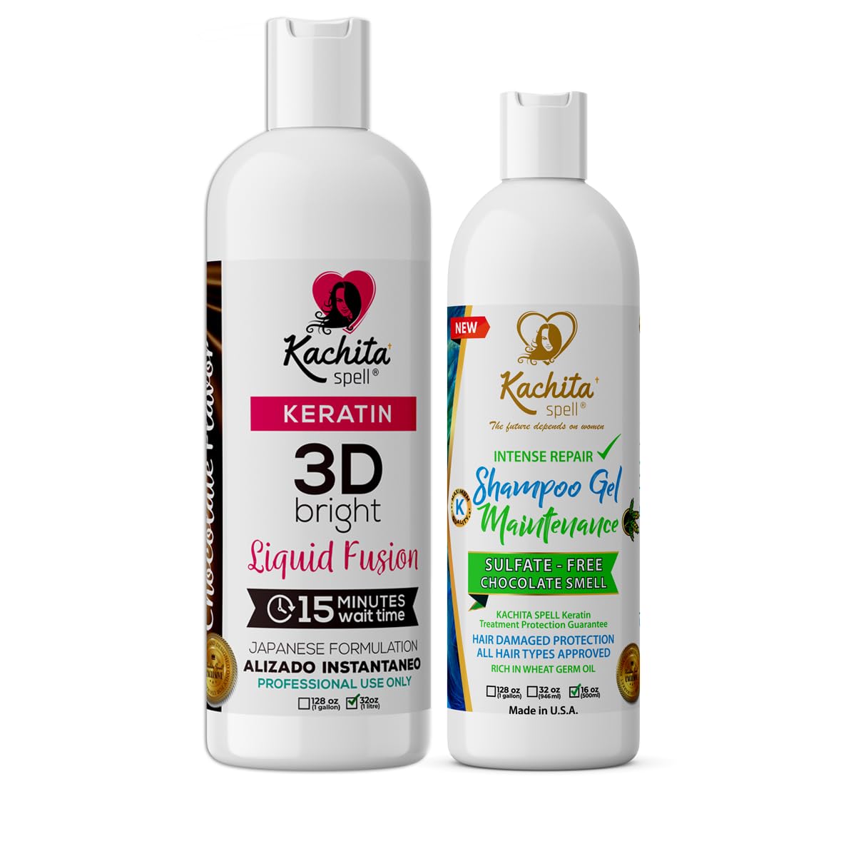 Brazilian Keratin Hair Straightening Treatment Kit - 3D Improved Formula for High Shine & Smooth Hair with Kachita Spell + Maintenance Shampoo & Conditioner | Professional Salon-Quality Results at Home