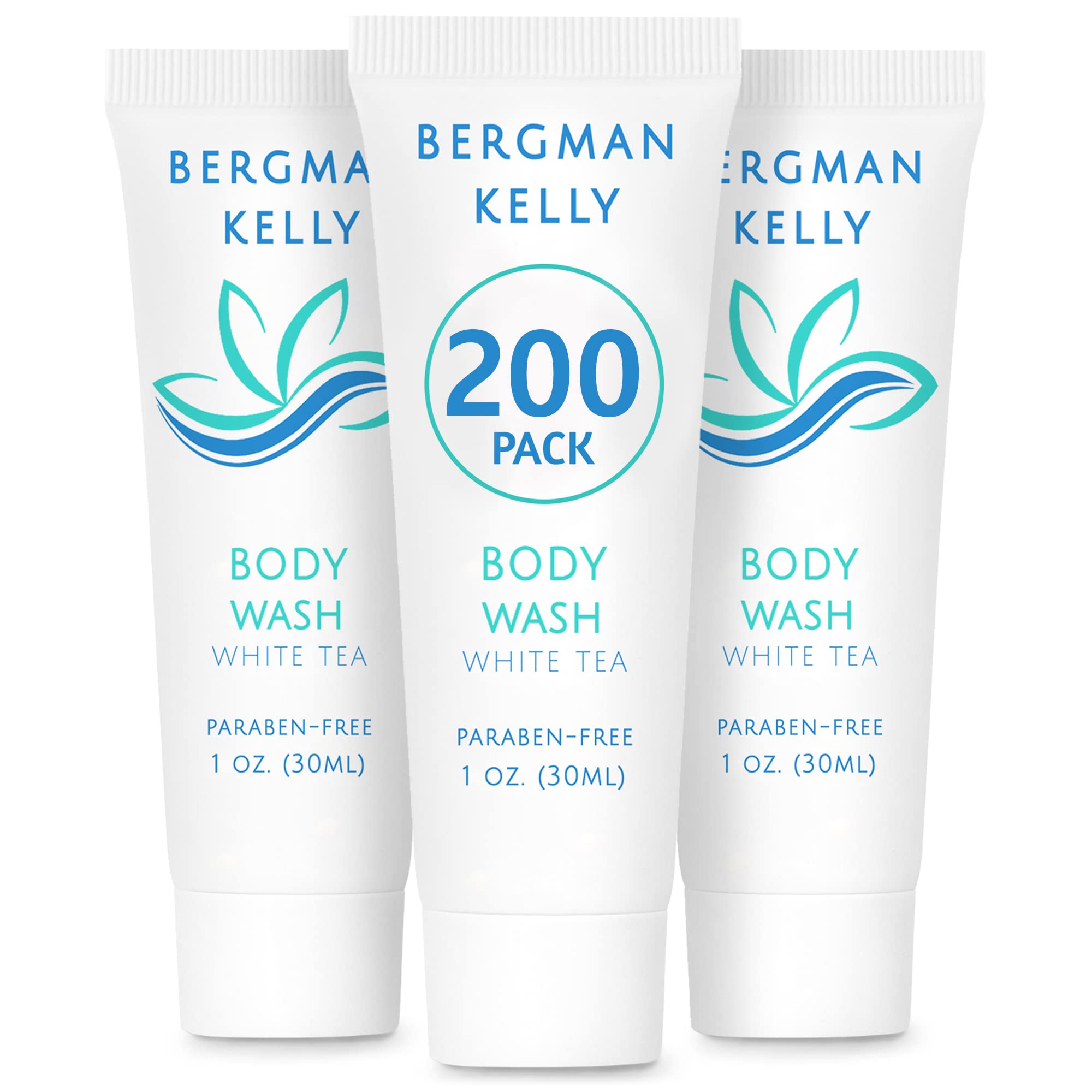 BERGMAN KELLY Travel Size Body Wash 1 fl oz (200 Pack) - White Tea Scent Hotel Amenities | Bulk Mini Toiletries for Guests | Refreshing Shower Gel for Hotels, Spas, Airbnb & Travel Essentials