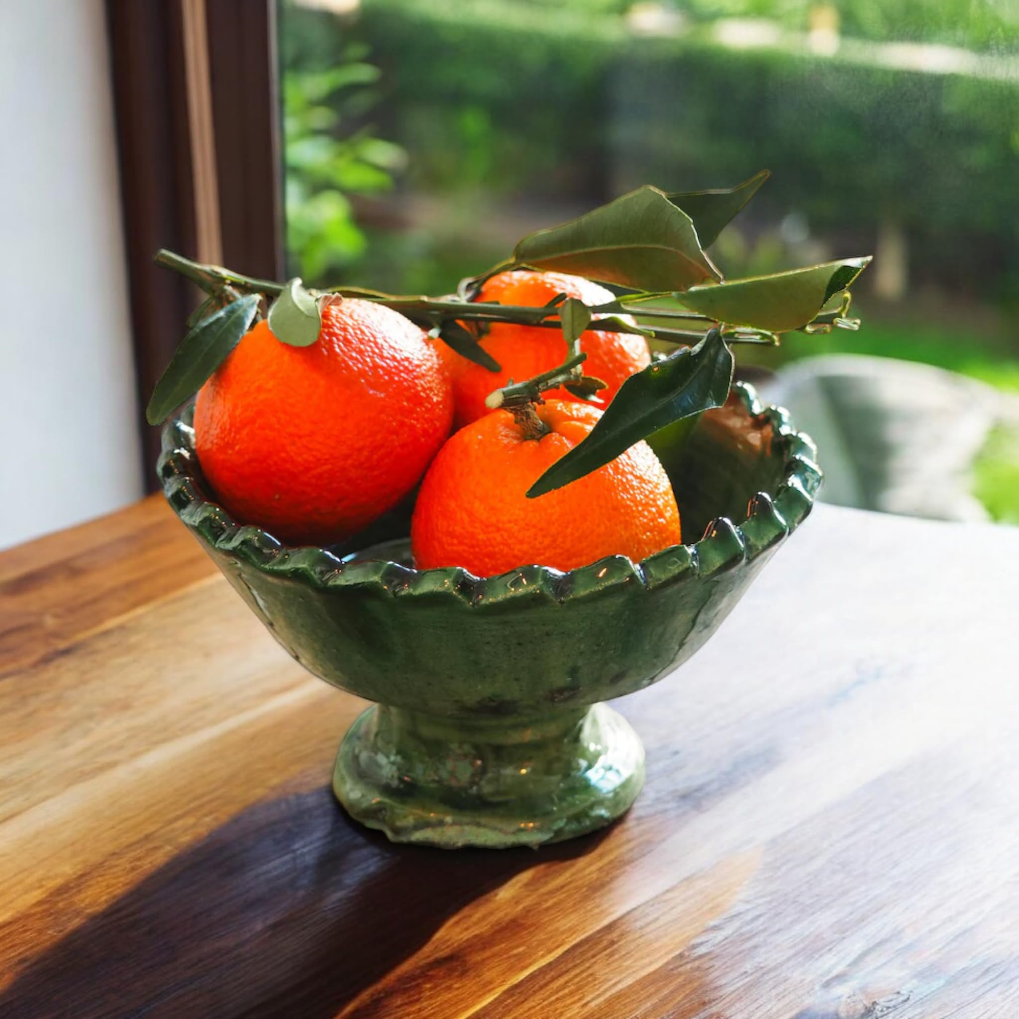 Large Green Moroccan Glazed Ceramic Serving Bowl - 9.8 Inch Footed Tamegroute Bowl for Home Decor & Dining - Perfect for Soups, Salads, and Table Centerpieces