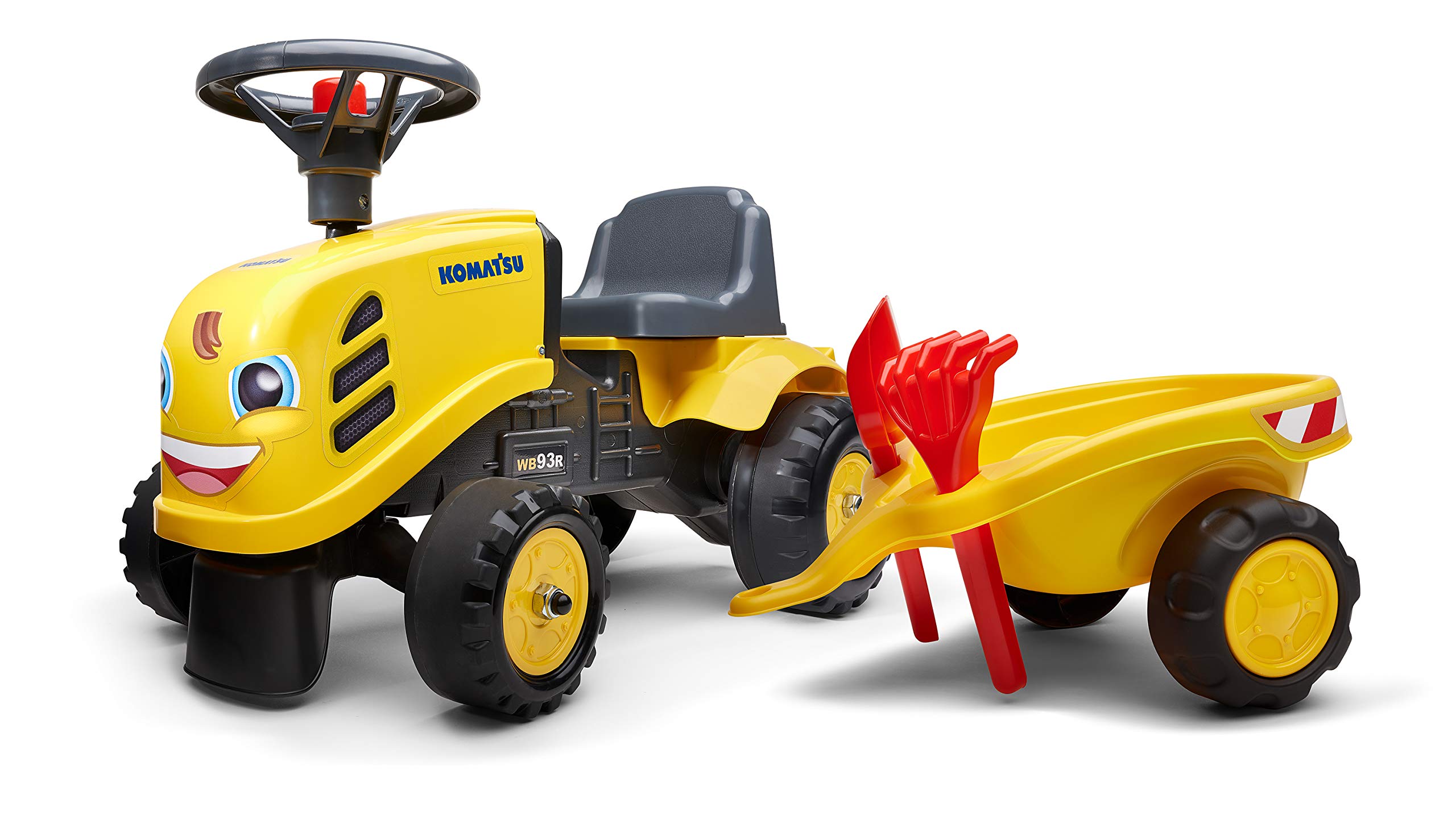 Komatsu Tractor Toy with Trailer, Rake & Shovel - 2 Sticker Sets - Push Ride-On Toy for Toddlers 1+ Years - FA286C - Fun Farm & Construction Pretend Play for Kids