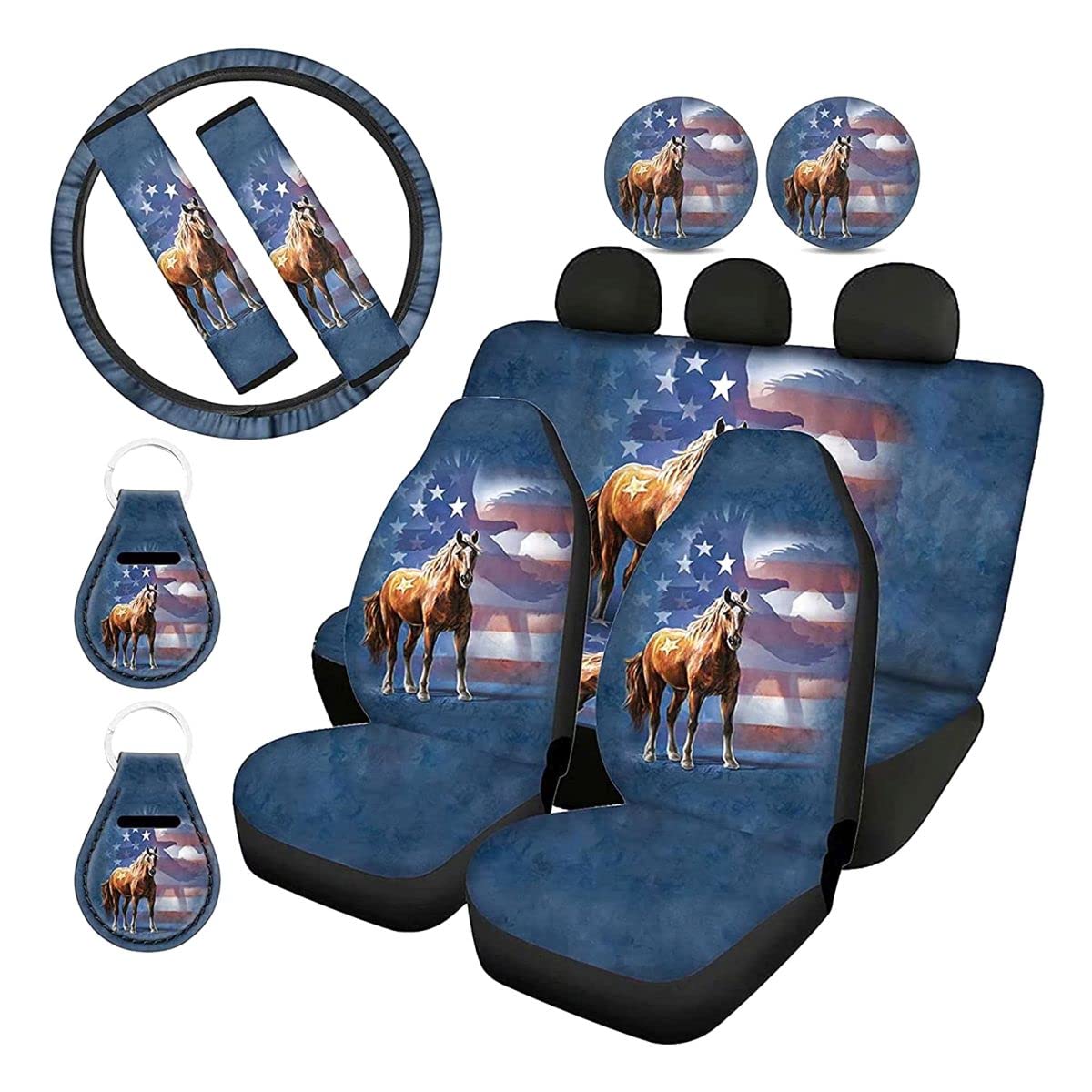 Universal 11-Piece Car Seat Cover Set with Dream Mushroom Print - Front & Rear Seat Protectors, Steering Wheel Cover, Seat Belt Covers, Auto Cup Coasters & Key Chains for SUV & Cars | Waterproof & Stylish Interior Decor for Road Trips & Daily Commute