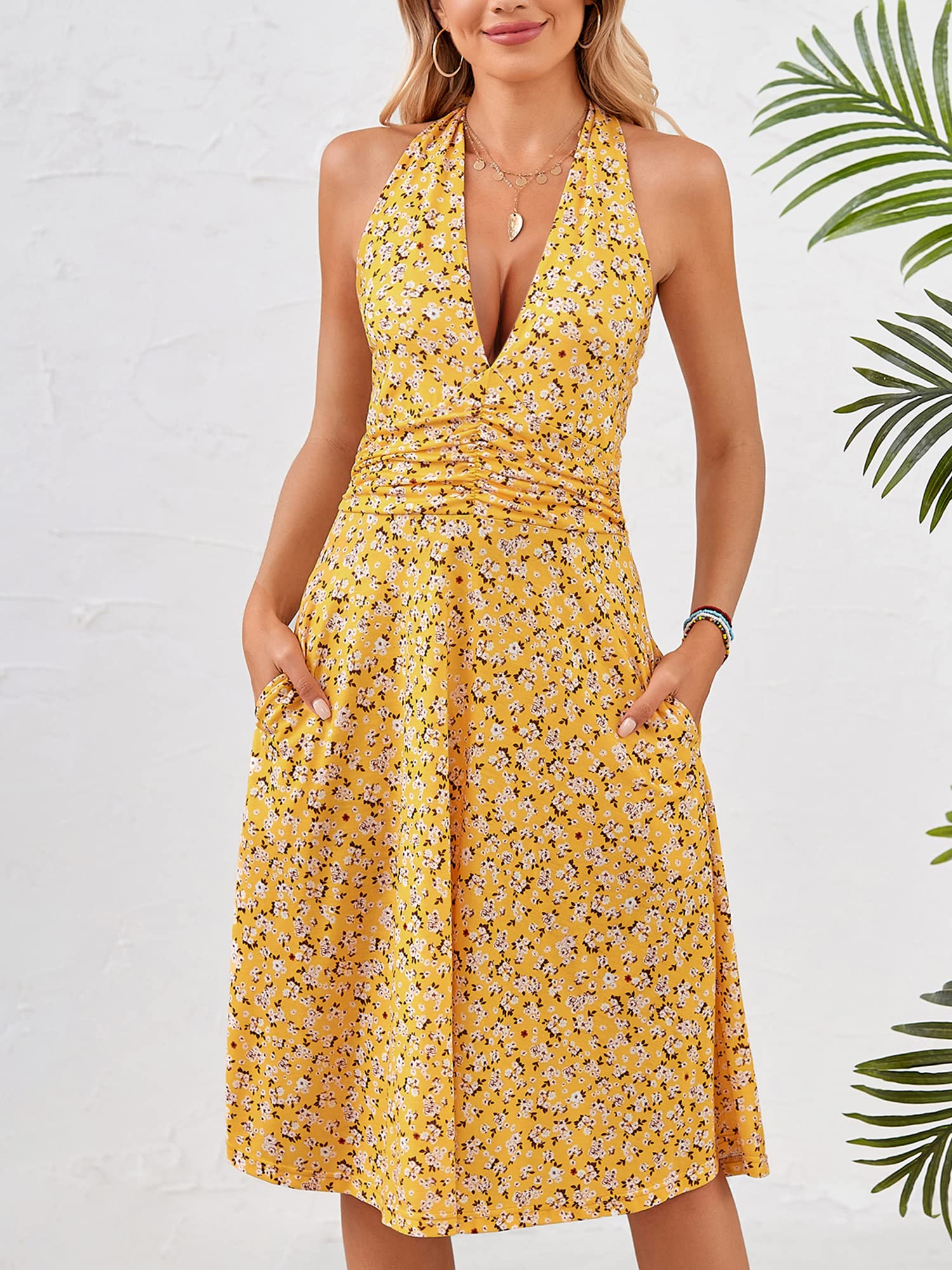 HUHOT Women's Summer Sundress - Sleeveless Halter Neck Floral Mini Dress with Pockets, Elastic Waist & Ruffle Trim | Perfect for Beach Vacation, Spring Outings & Summer Parties 2025