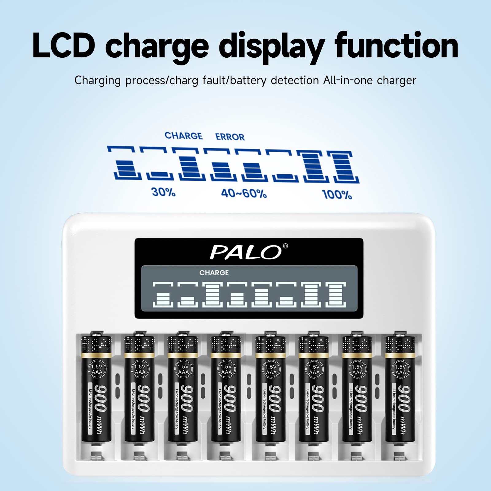 1.5V AA AAA Rechargeable Lithium Batteries Combo with Smart LCD Charger - 4 Pack AA 3400mWh & 4 Pack AAA 900mWh Batteries with 8 Slot Charger for Digital Cameras, Game Controllers, Flashlights and More