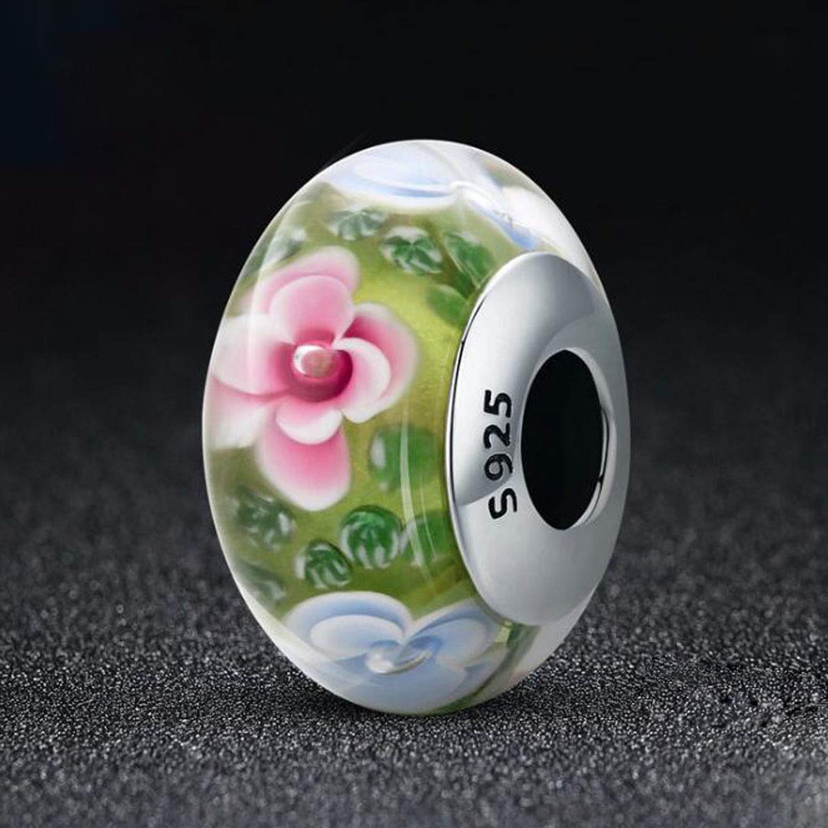 Authentic Murano Glass Beads with 925 Sterling Silver Core - Blue Bubbles & Pink Flowers Charms for Pandora Bracelets | Handmade Italian Glass Jewelry for Women's DIY Bracelet Making & Gift Giving (Z073)