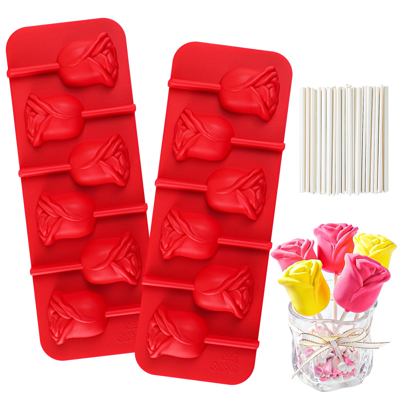 Webake 3D Rose Lollipop Molds - 2Pcs Silicone Chocolate Candy Molds with Sticks for DIY Cupcake Decorations, Homemade Suckers & Chocolate Making - Perfect for Birthday Parties, Wedding Favors & Candy Gifts