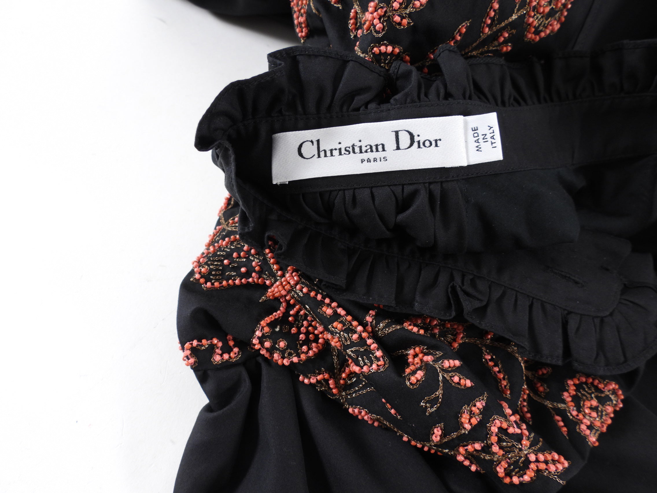 Christian Dior Black Cotton Coral Bead Embroidery Boho Shirt for Women - S/M Size - Perfect for Casual Wear, Beach Outings & Summer Fashion
