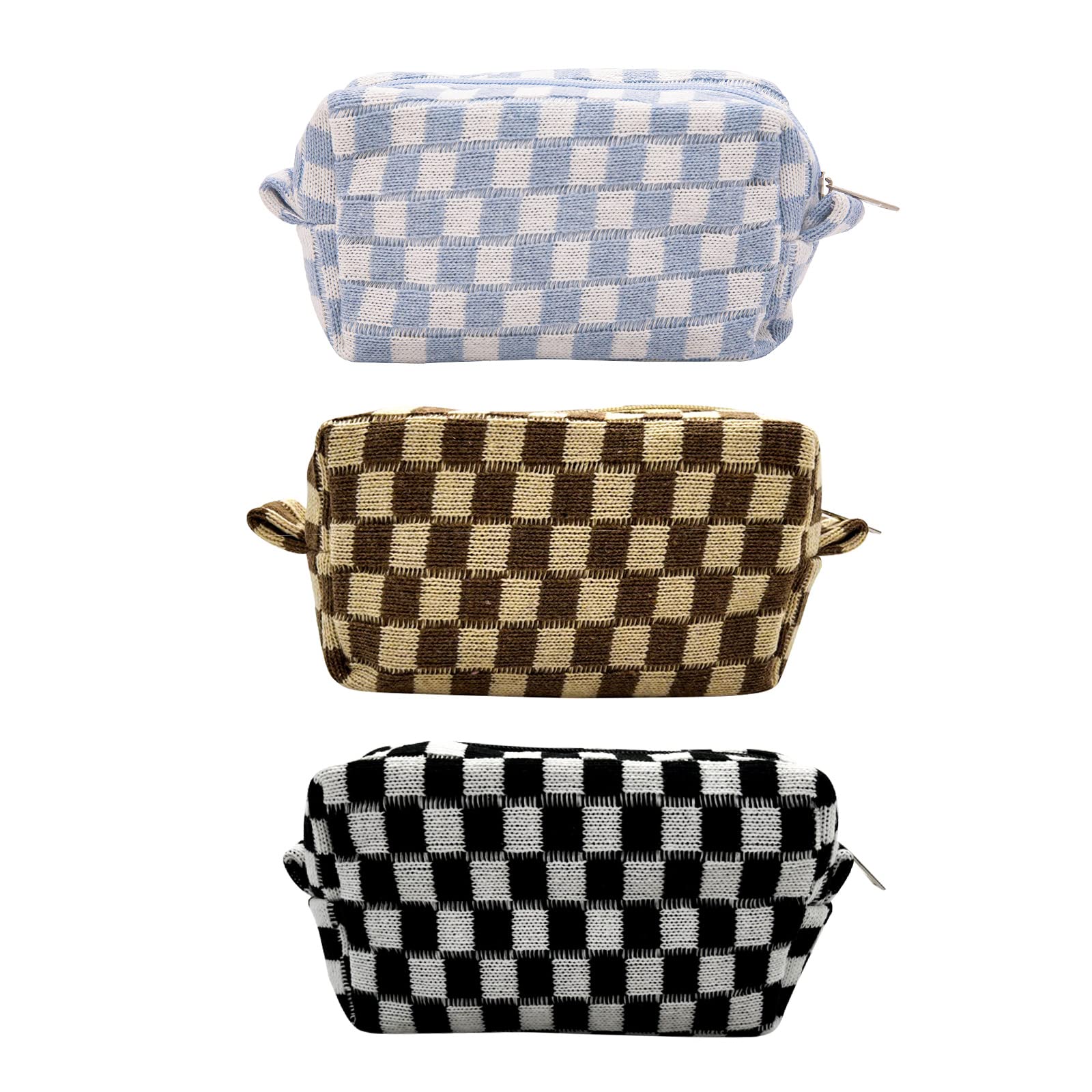 Stylish Checkered Makeup Bag - Large Capacity Cosmetic Organizer for Travel, Toiletries & Brushes Storage (Tri-Color) | Perfect for Daily Use, Vacation & Gift Giving