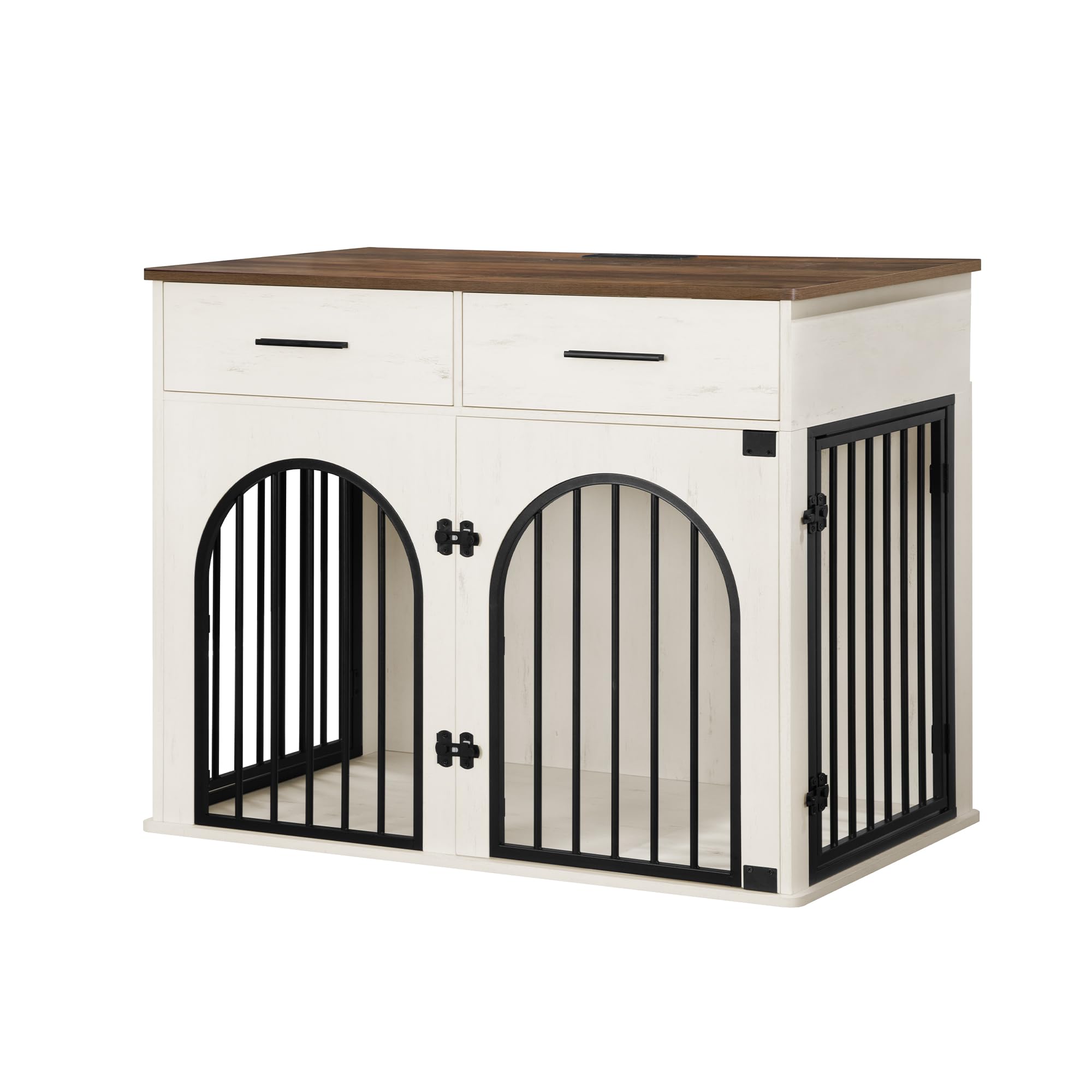 39.4'' Wooden Dog Crate Furniture with 2 Drawers & Charging Station - Indoor Dog Kennel Cage Side End Table for Medium/Large Dogs - White Brown DFC84214B - Perfect for Living Room, Bedroom & Home Office Decor