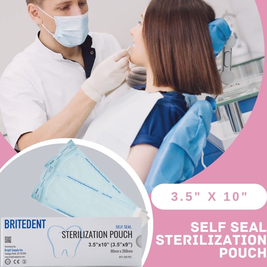 Self Sealing Sterilization Pouches 3.5” x 10” - 200 Pack Autoclave Bags for Dental & Medical Instruments | Triple Check Sterilization Technology | Perfect for Clinics, Hospitals & Tattoo Studios
