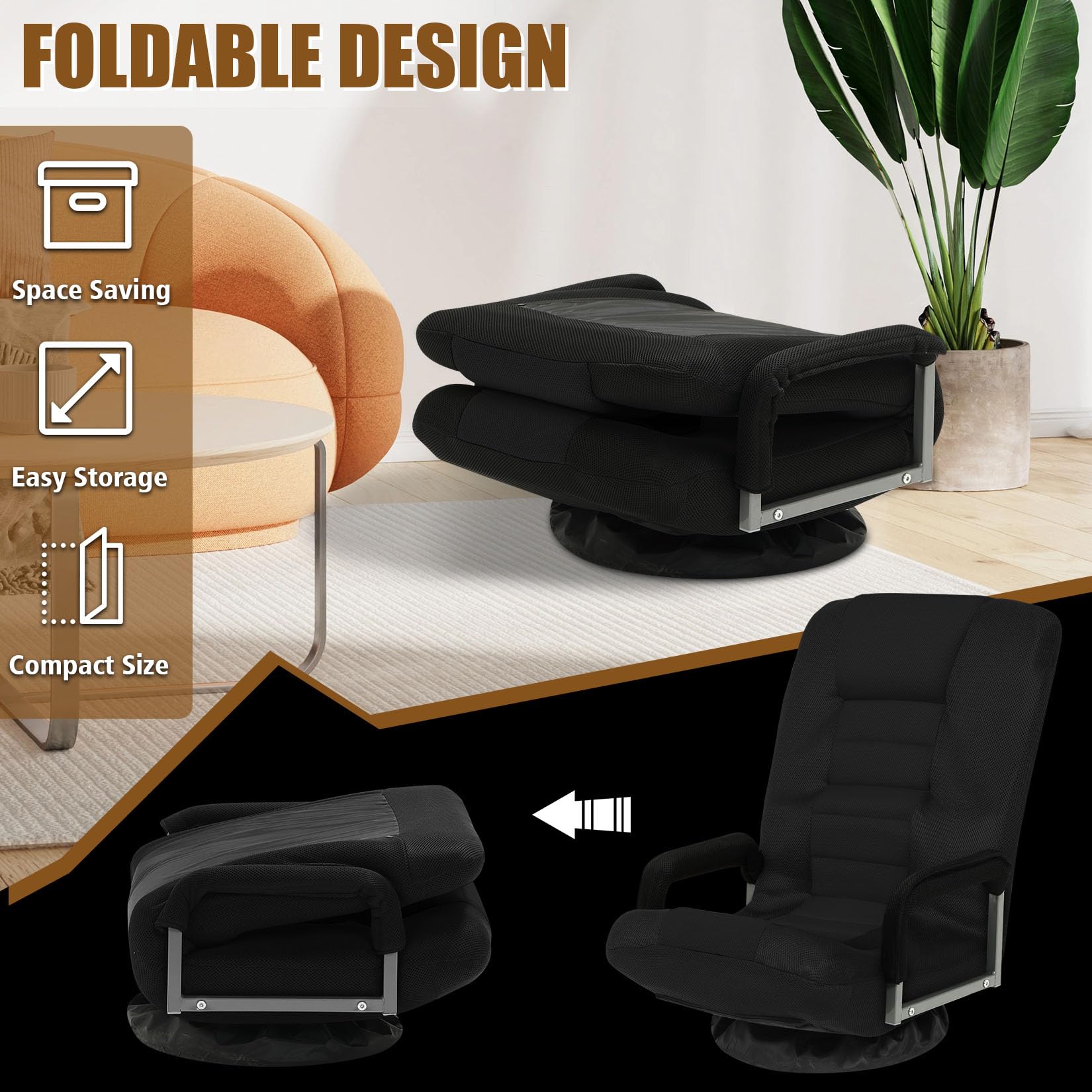 Ergonomic Swivel Gaming Chair with Lumbar Support & 6-Position Adjustable Backrest - Multi-Purpose Floor Chair for Video Games, TV Watching, Reading - Comfortable Seat for Adults & Kids (Black) - Perfect for Gaming Rooms, Home Theaters & Study Areas