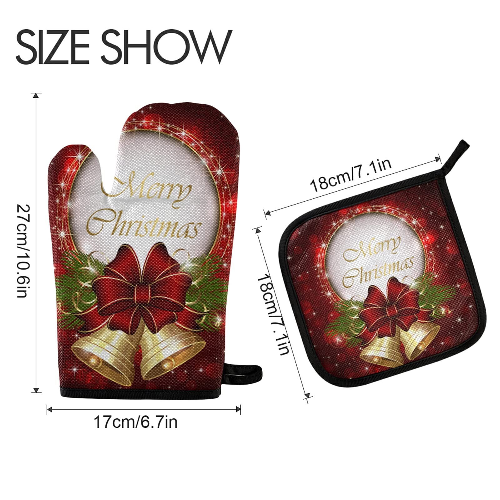 Aflyko Christmas Oven Mitt and Pot Holder Set - Heat Resistant Kitchen Gloves for Baking, BBQ, Grilling - Festive Holiday Decor with Bell Bow Snowflake Design - Perfect for Christmas Gifts, Home Cooking & Holiday Parties