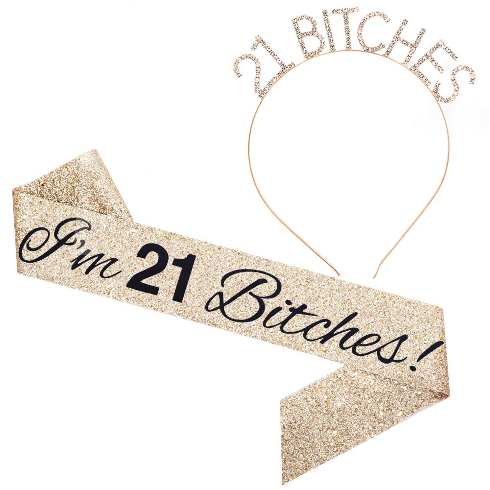21st Birthday Sash & Rhinestone Headband Set - Gold Glitter/Black Birthday Party Supplies for Women | Perfect for 21st Birthday Celebrations, Bachelorette Parties & Girls Night Out