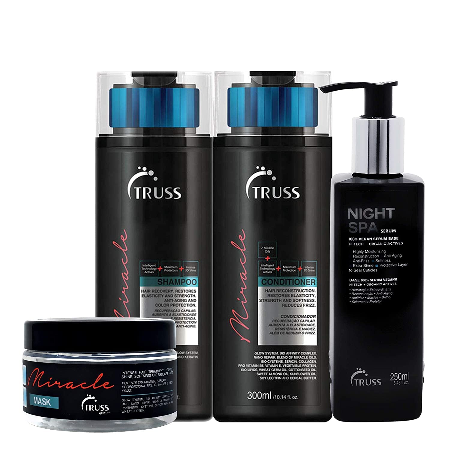 TRUSS Professional Miracle Hair Mask Bundle with Shampoo & Conditioner Set + Night Spa Serum for Damaged Hair Repair & Deep Hydration – Perfect for Salon-Quality Treatment at Home