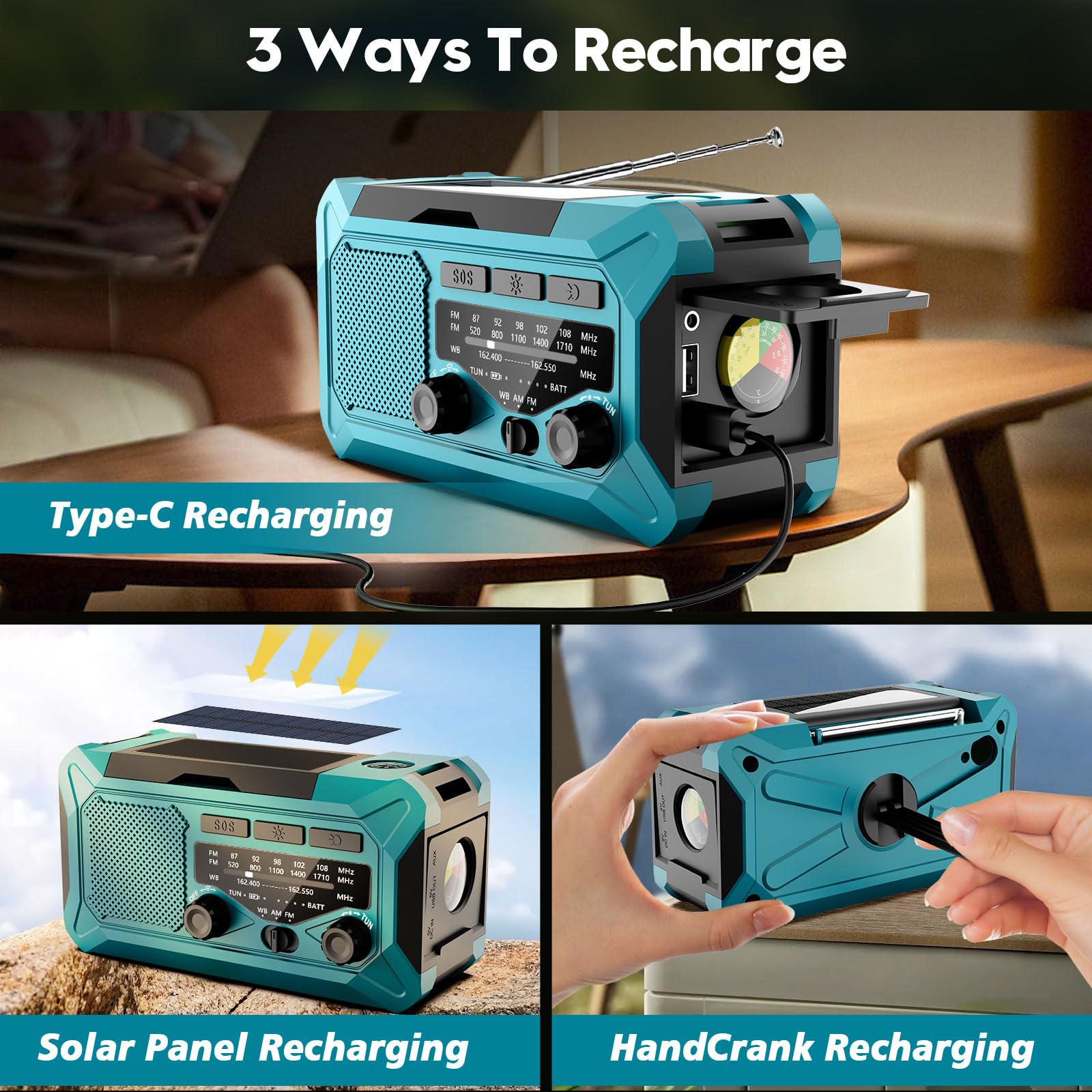 Emergency Hand Crank Weather Radio - Toolchums 10000mAh Solar Powered AM/FM/NOAA Radio with USB Phone Charger, LED Flashlight, Reading Lamp & SOS Alarm (Blue) - Perfect for Outdoor Camping, Hiking, and Emergency Preparedness