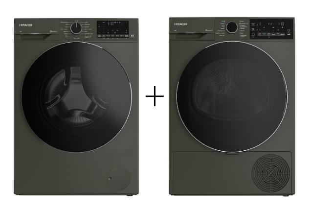 Hitachi BD 100YFVEM Front Load Washer with Steam, Hygiene & Easy Iron Inverter + TD 80XFVEM Tumble Dryer Set - Perfect for Large Families & Energy-Efficient Laundry Solutions