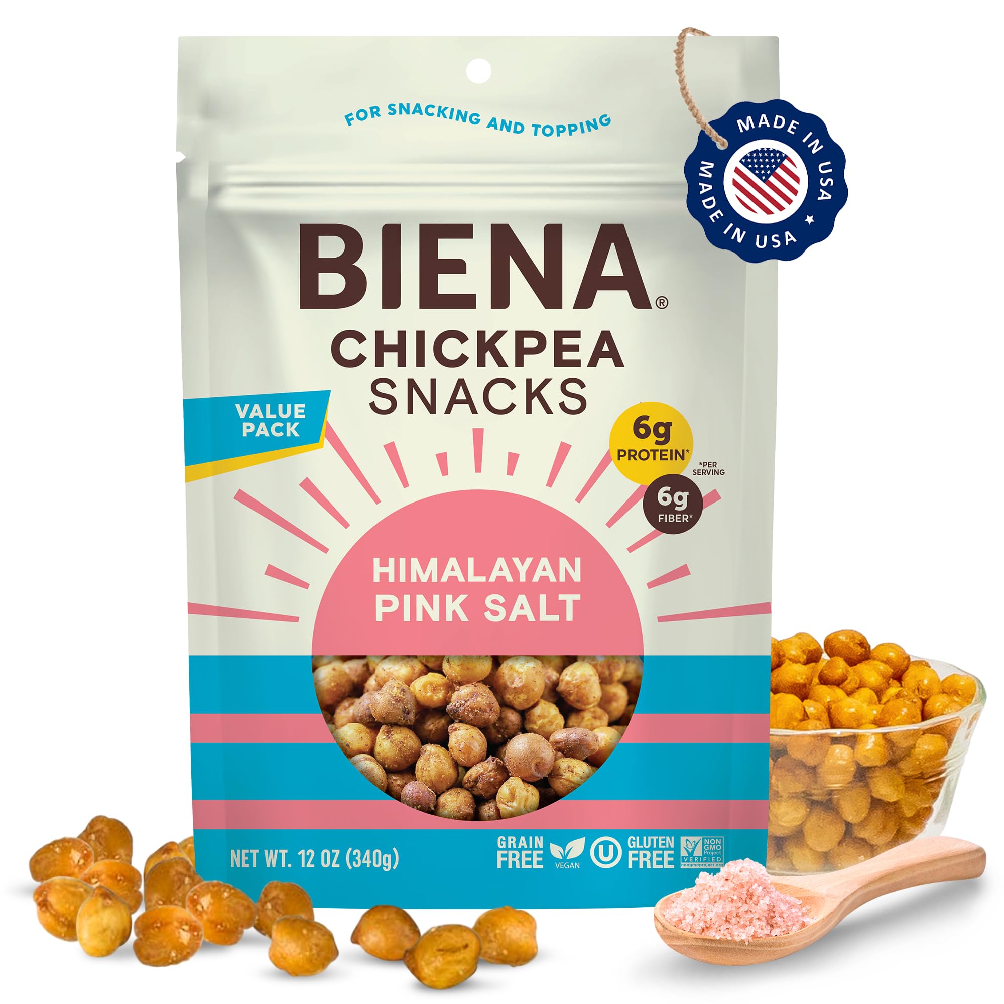 BIENA Crunchy Roasted Chickpea Snacks - High Fiber Vegan Protein Snacks for Adults & Kids - Himalayan Pink Salt - Healthy On-the-Go Snack for Work, School & Travel
