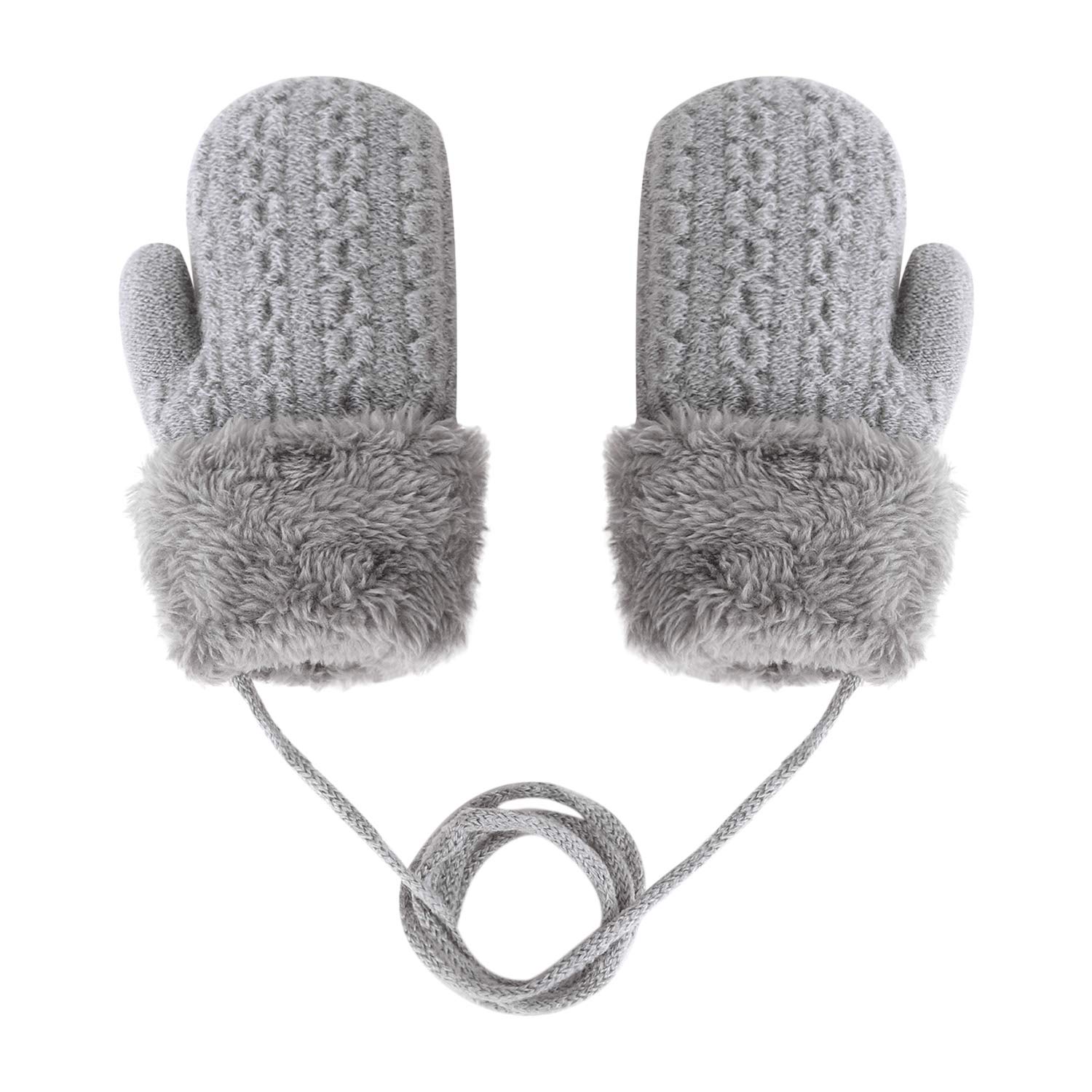 Double Layer Knitted Winter Gloves for Kids - Plush Hanging Neck Mitten with Rope, Thermal Full Finger Wrist Gloves for Toddlers 1-4 Years Old - Warm Hand Protector for Boys & Girls Outdoor Play, Snow Activities, and Christmas Gifts