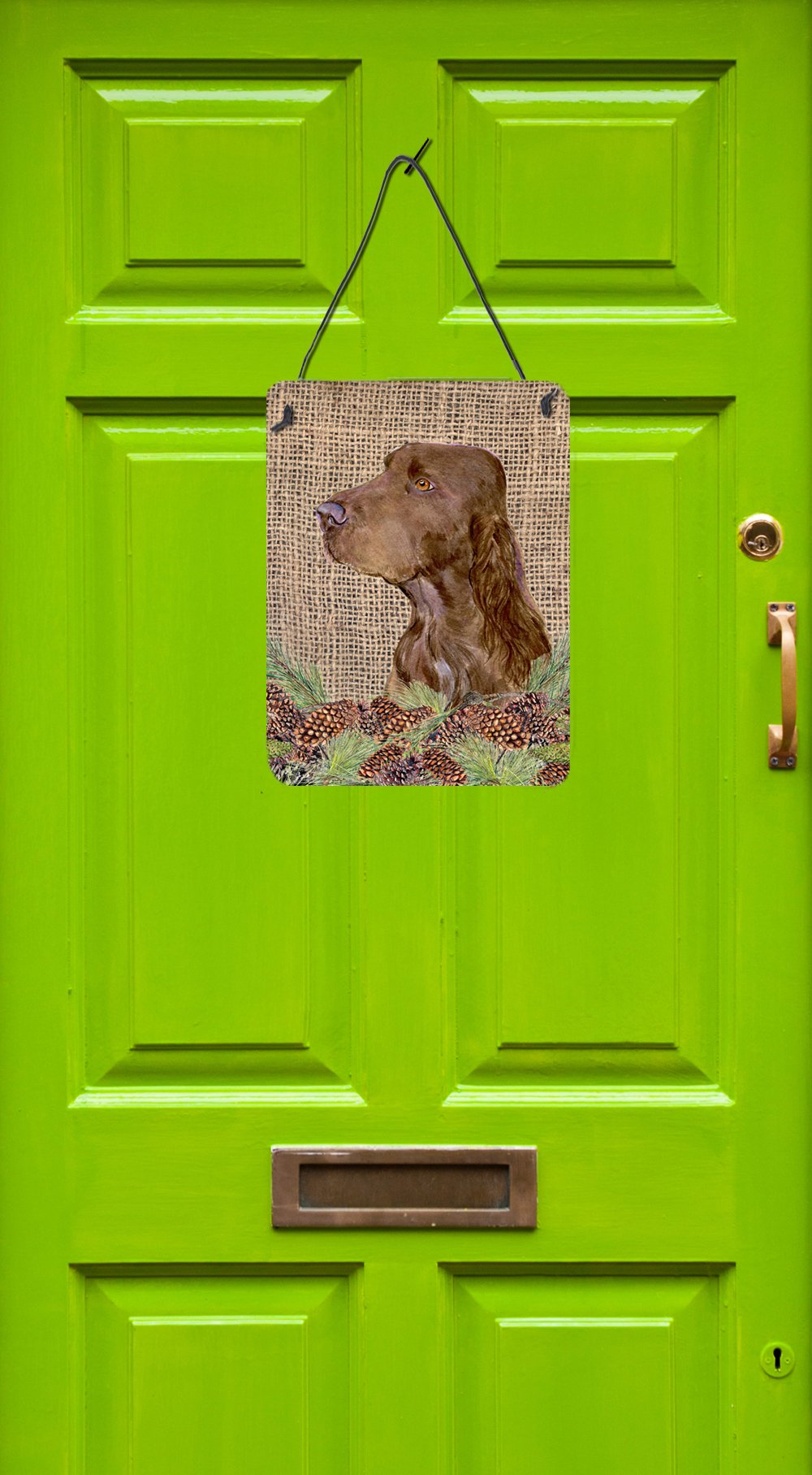 Field Spaniel Dog Wall Art - 12x16 Aluminum Metal Sign with Faux Burlap & Pine Cones Design | Rustic Home Decor for Kitchen, Bathroom, Bar, Front Door | Durable Indoor/Outdoor Hanging Plaque for Pet Lovers & Country Style Homes