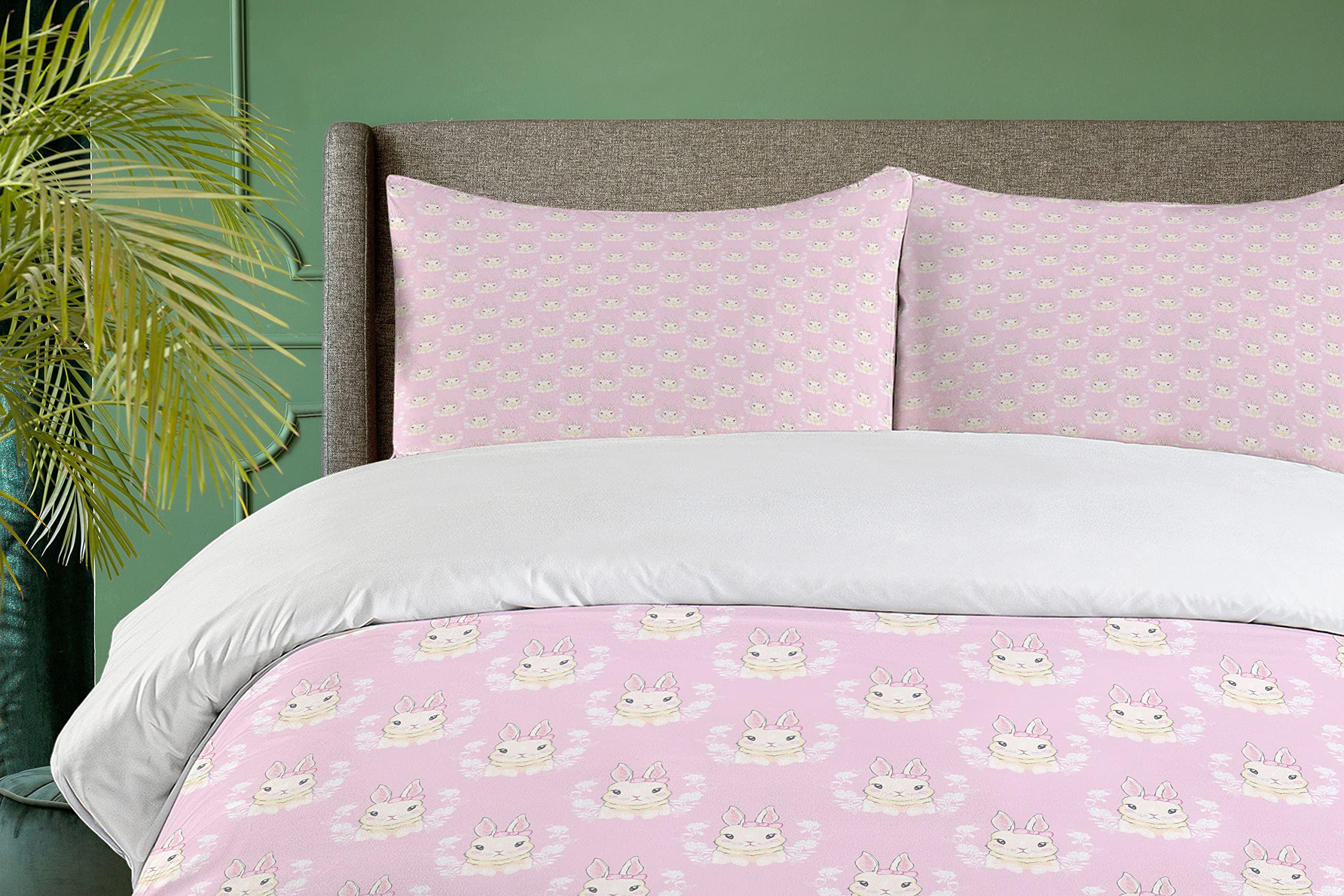 Ambesonne Easter Bunny Duvet Cover Set - Floral Spring Rabbit with Ribbons Design in Soft Pink Tones, 3-Piece Queen Size Bedding Set with 2 Pillow Shams (Rose Champagne) | Perfect for Spring Decor, Easter Gift, and Cozy Bedroom Makeover