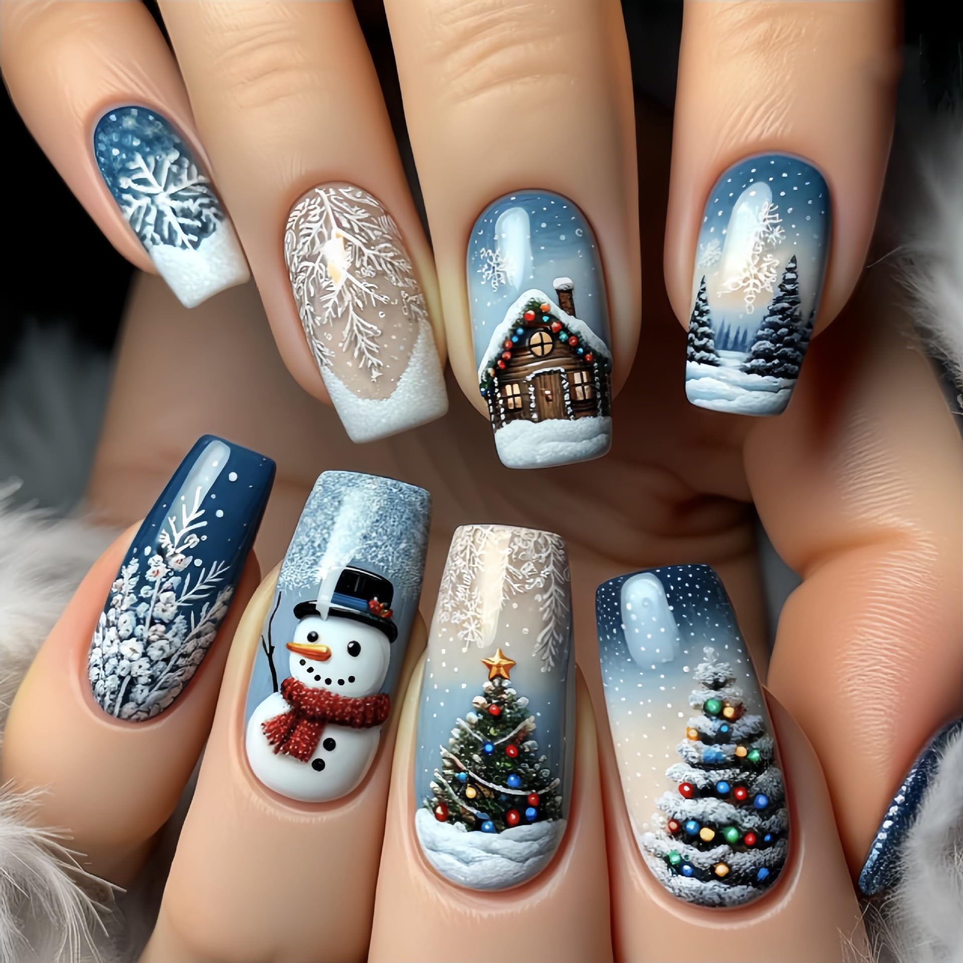 Christmas Press On Nails - Medium Square Blue & White Xmas Nails with Snowman, Snowflake & Holiday Designs - 24Pcs Glossy Acrylic False Nails for Women - Perfect for Holiday Parties, Gift Giving & Winter Nail Art