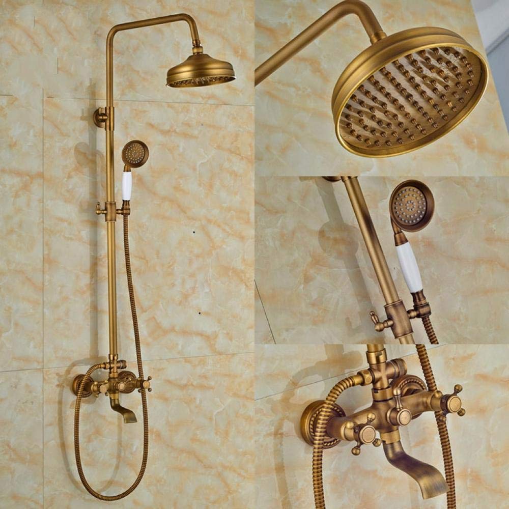 Vintage Antique Brass Wall-Mounted Shower System - 8 Inch Rainfall Shower Head with Handheld Spray & Adjustable Slide Bar - Luxury Bathroom Fixture for Spa-Like Experience