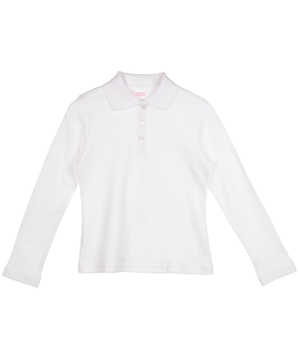 French Toast Big Girls' Long Sleeve Fitted Knit Polo Shirt with Picot Collar - White, Size 10/12 - Perfect for School Uniforms, Casual Wear & Special Occasions