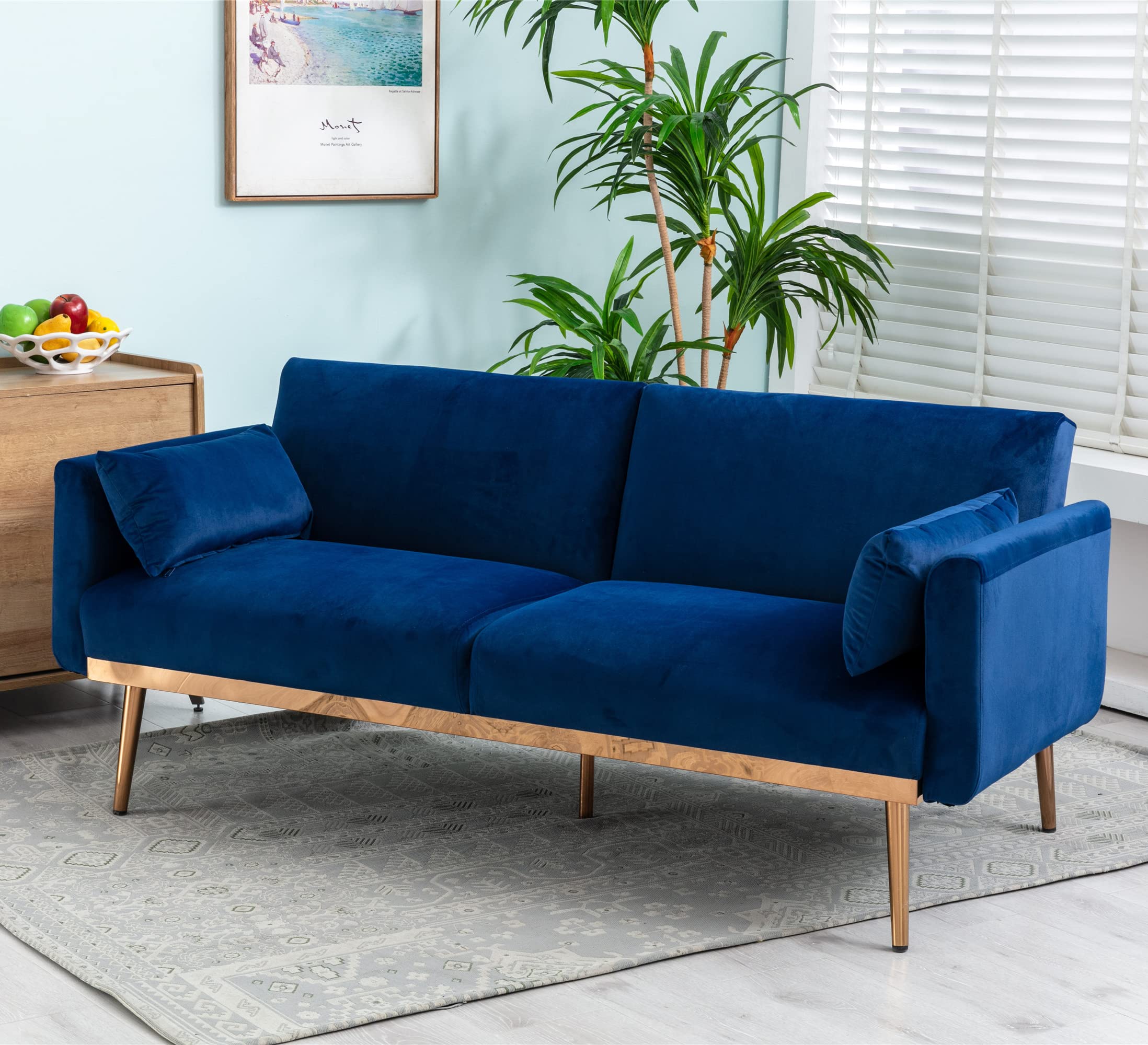 Velvet Convertible Futon Loveseat Sofa Bed with 2 Pillows - Modern Upholstered Accent Couch with Rose Gold Metal Legs for Living Room, Bedroom, Home Office - Navy Blue (Perfect for Small Spaces, Guest Rooms & Studio Apartments)