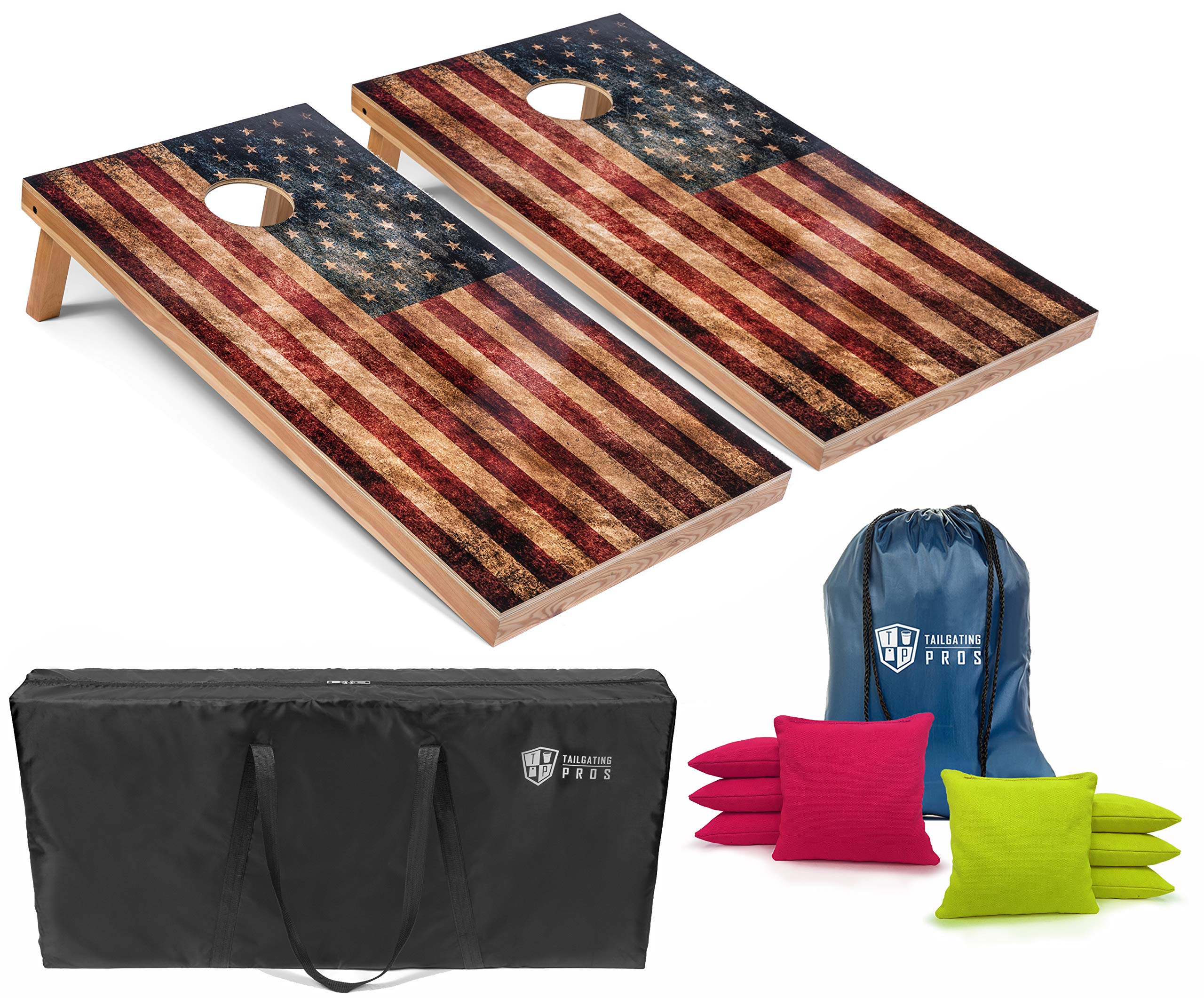 Rustic American Flag Cornhole Boards Set with Bean Bags - 4'x2' Distressed Wooden Cornhole Game with Carrying Case - Perfect for Tailgating, Backyard Parties, and Outdoor Events