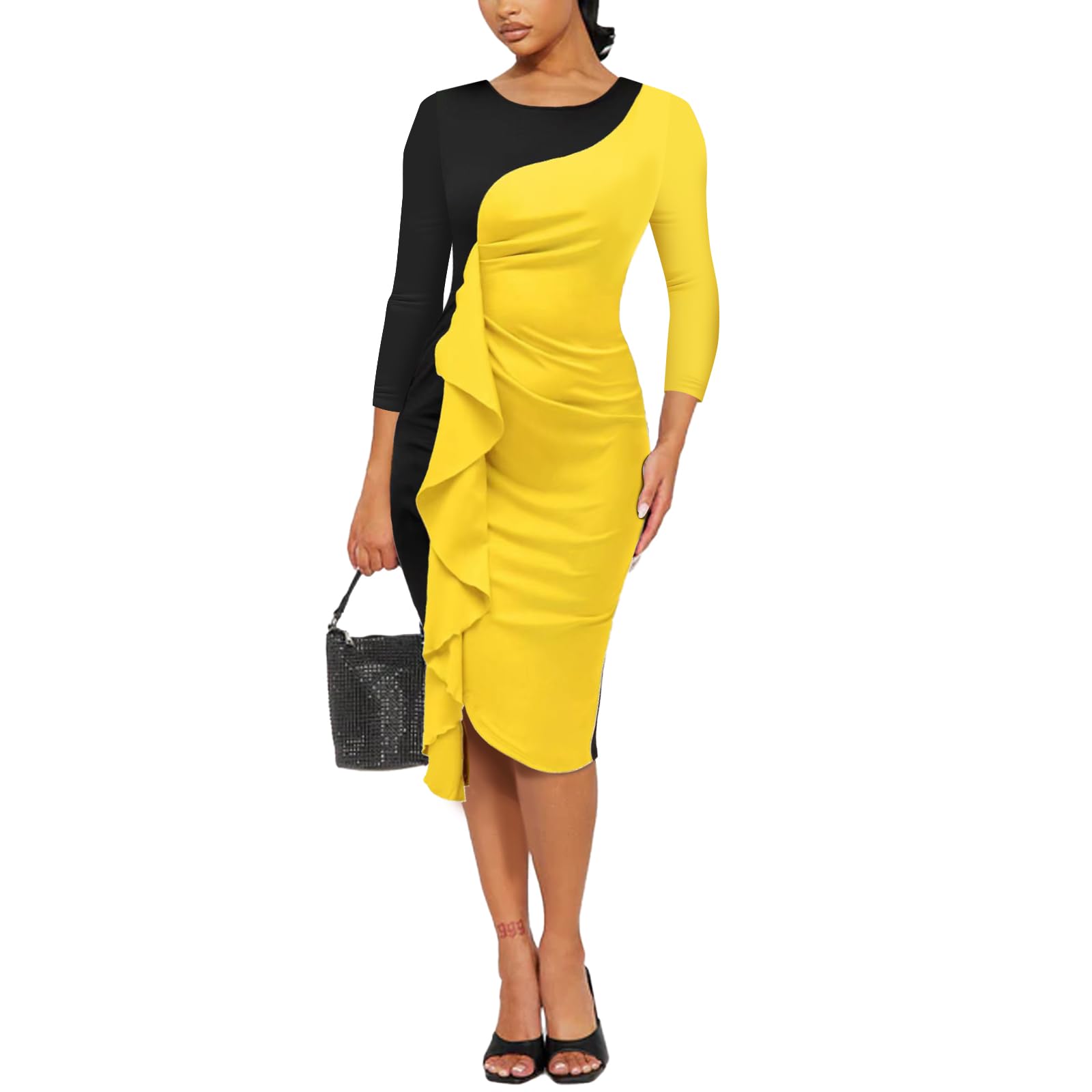Women's Long Sleeve Crew Neck Colorblock Sheath Bodycon Midi Dress with Ruffle Detail - Office Wear, Work Dress, Business Casual Outfit for Professional Women