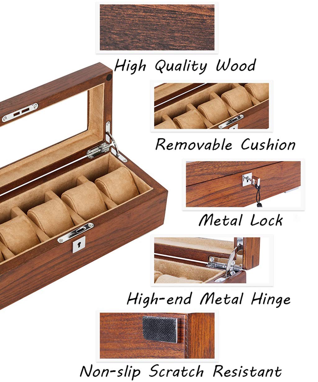 Luxury 5-Slot Watch Box Organizer with Removable Cushions & Glass Top - Jewelry Display Storage Case for Men & Women - Perfect for Watch Collections, Bracelet Organization & Gift Presentation