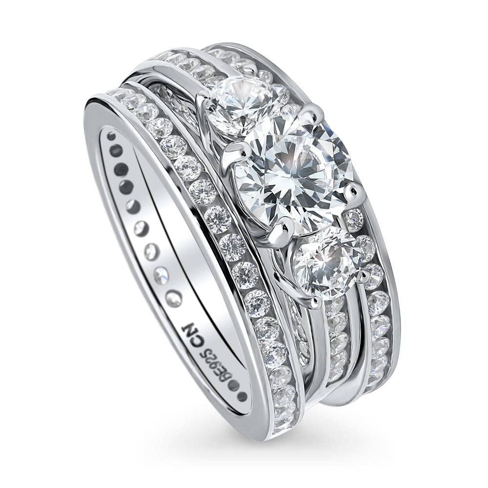 BERRICLE Sterling Silver 3-Stone Wedding & Engagement Ring Set - Round Cubic Zirconia CZ Anniversary Band for Women, Rhodium Plated (Sizes 4-10) | Perfect for Proposals, Anniversaries & Special Occasions