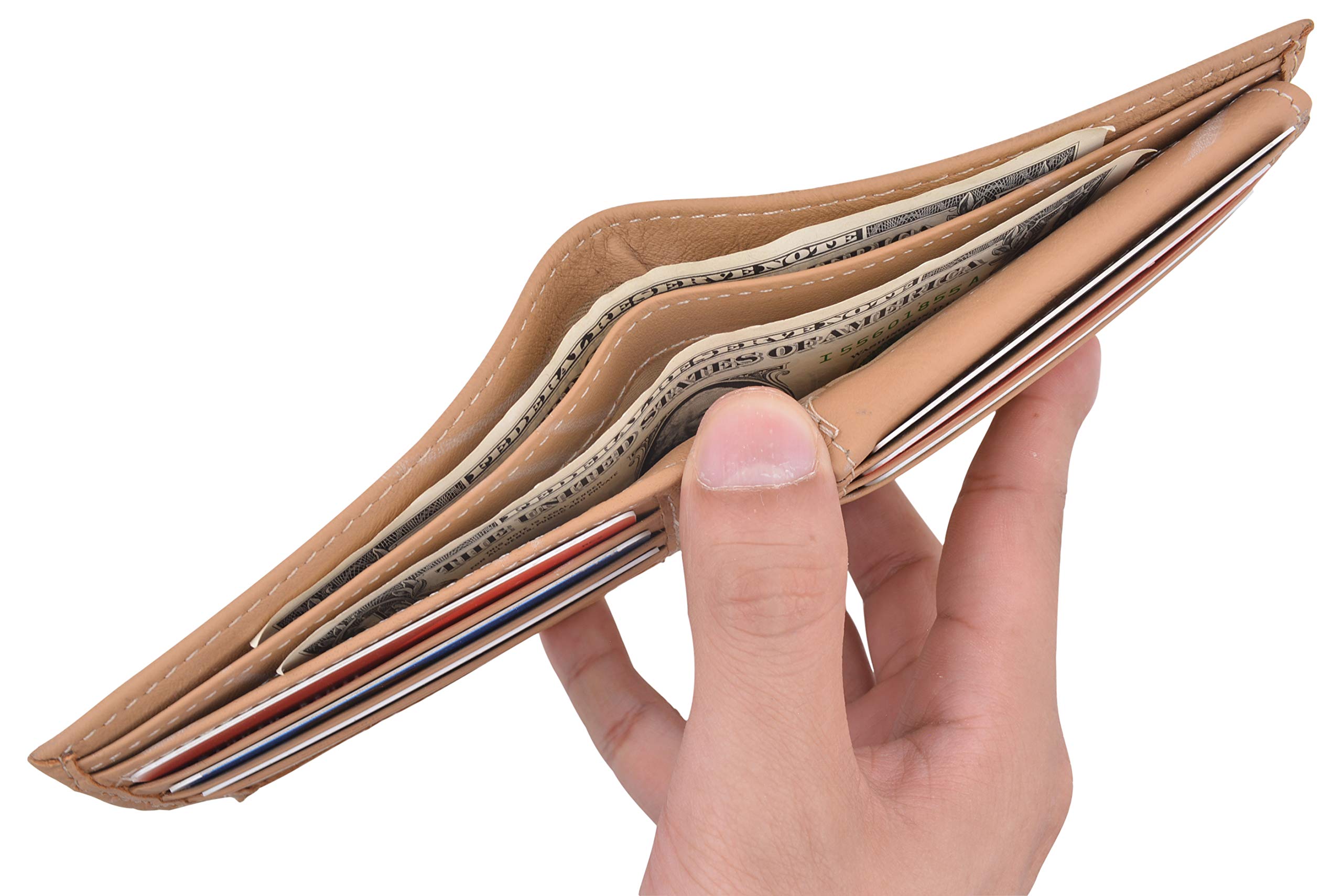 Premium Men's Leather Slim Bifold Wallet with ID Window - RFID Blocking, Tan - Perfect for Business, Travel & Everyday Use
