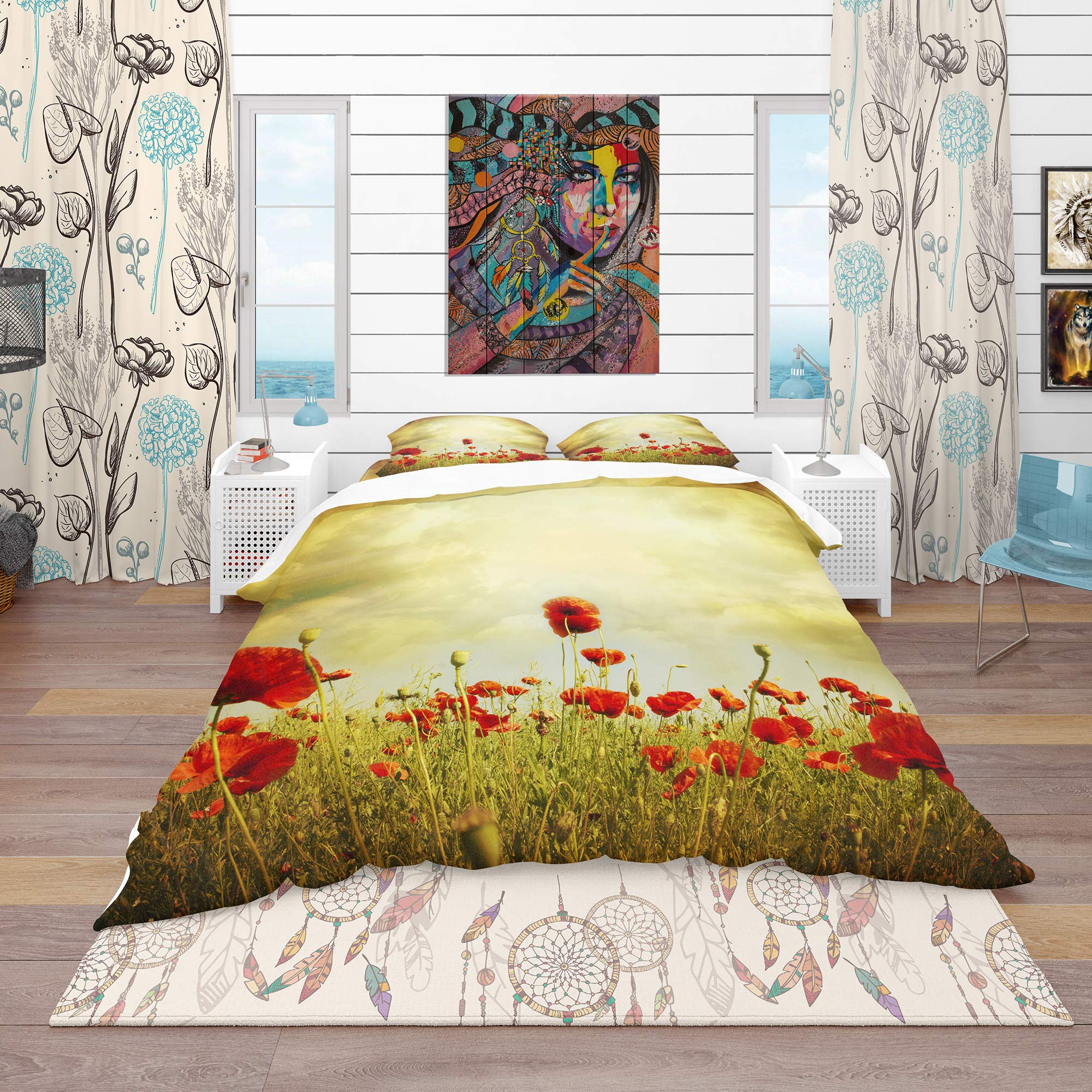 DesignQ Red Poppies on Grunge Background Nautical & Coastal Duvet Cover Set - King Size Floral Bedding 3-Piece Set for All Seasons | Perfect for Beach House, Coastal Decor & Master Bedroom