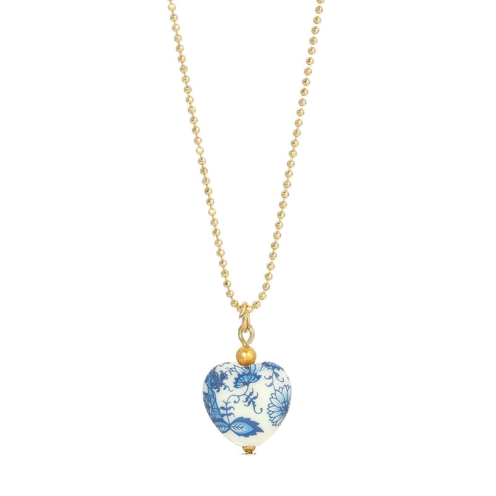 Vintage Blue Willow Heart Pendant Necklace - 16