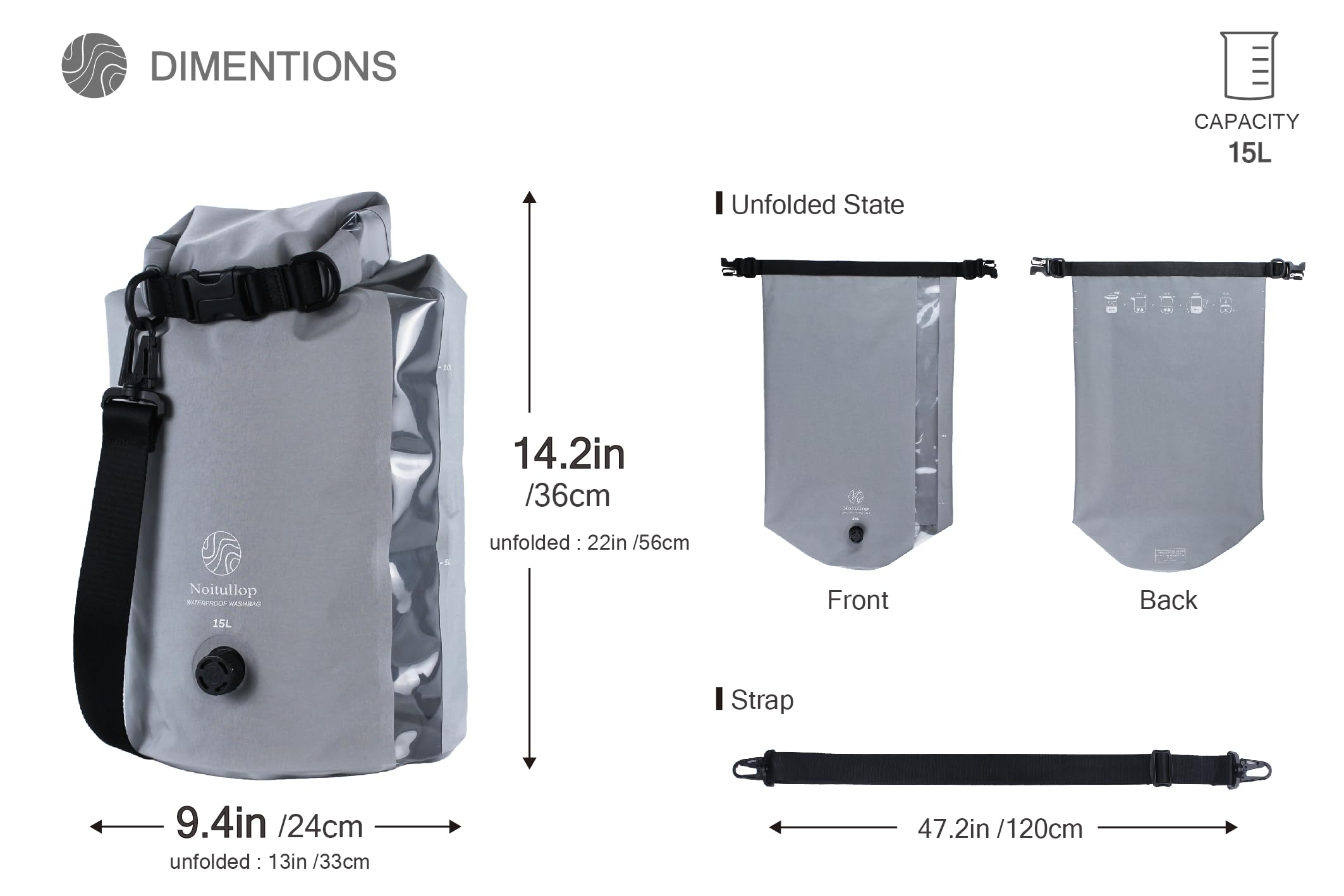 Portable Washing Machine Bag - 15L Waterproof Dry Bag for Travel & Camping - Compact Manual Clothes Washer - Lightweight Nylon Laundry Bag (Gray) - Perfect for Outdoor Adventures, RV Trips & Emergency Use