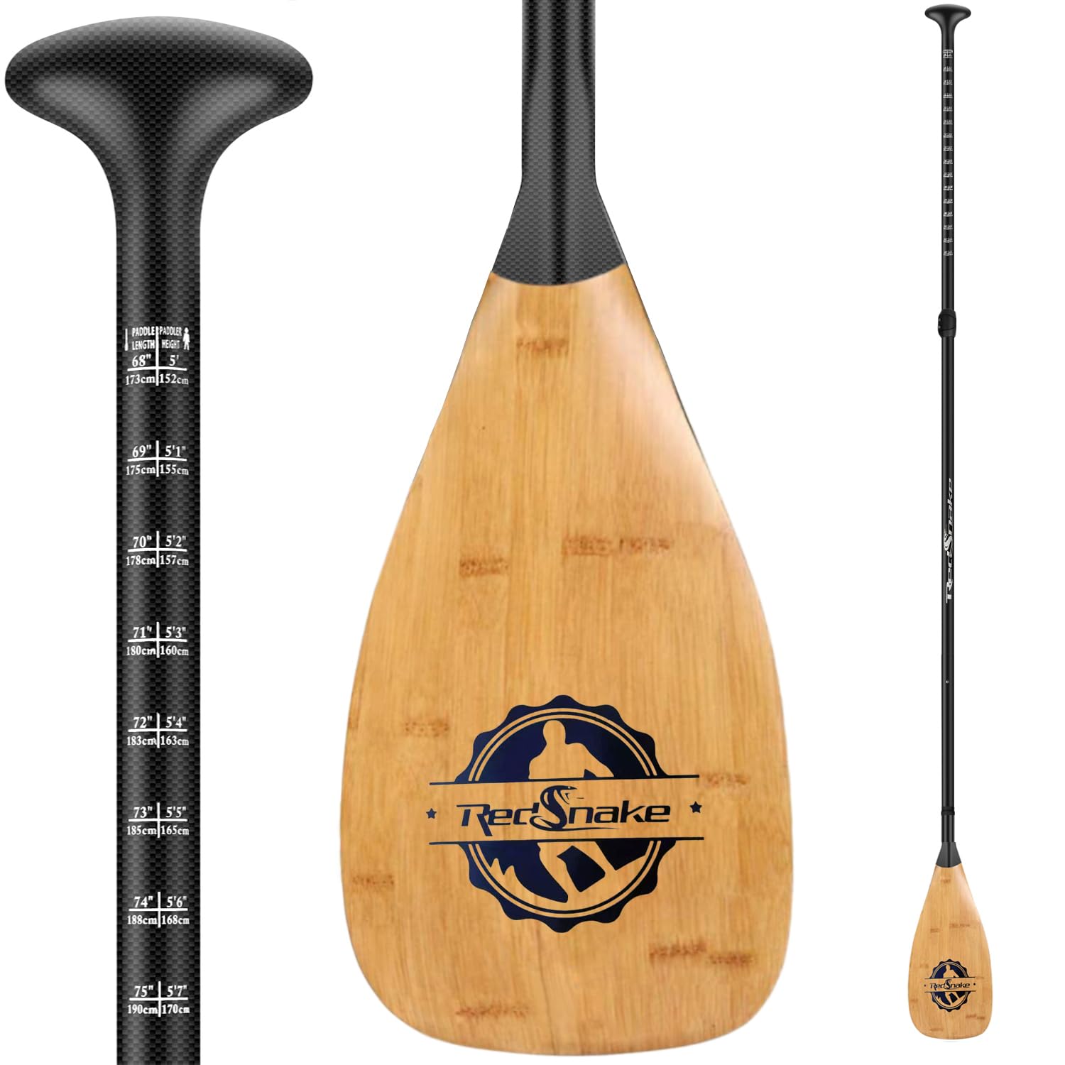 Premium RedSnake Carbon Fiber Stand Up Paddleboard Paddle - 3-Piece Adjustable SUP Oar with Carbon Fiber Blade & Imitation Bamboo Design - Includes Carry Backpack - Perfect for Kayaking, Surfing & Outdoor Water Sports